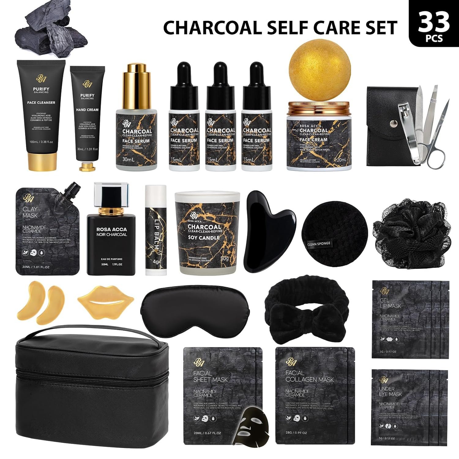 33 Pcs Mother's Day Gift, Charcoal Hydrating Skin Care Gift Set for Women & Men, Bath & Body Gift Basket Set, Home Spa Set, Leather Bag, Anniversary, Birthday, Christmas, Father's Day - Image 2