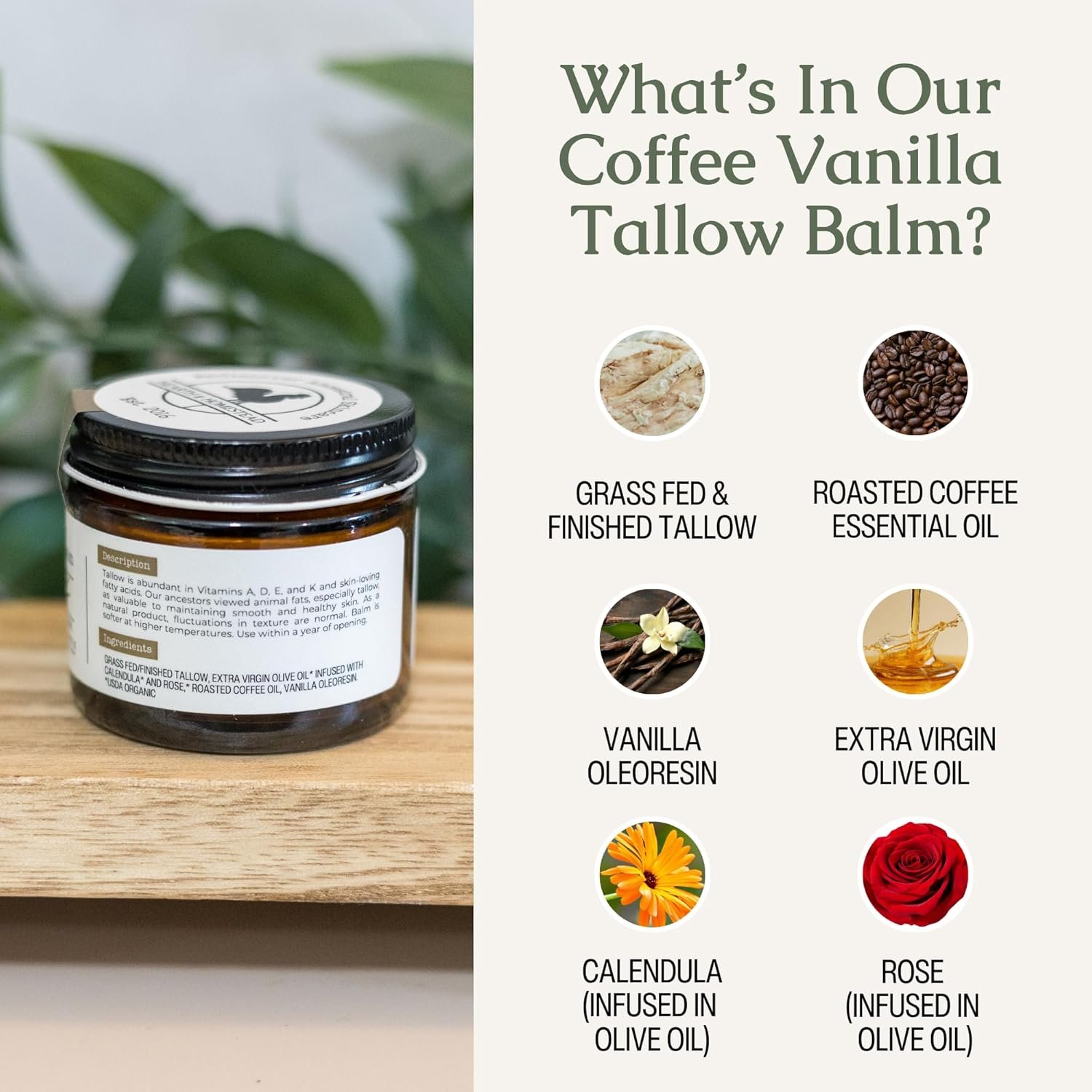 Hearth & Homestead Whipped Beef Tallow for Skin & Face - 100% Grass Fed, Eczema Cream & Body Butter, Organic Olive Oil, Calendula & Rose, Lotion & Hand Moisturizer for Dry Skin, Coffee Vanilla, 1.3oz - Image 7