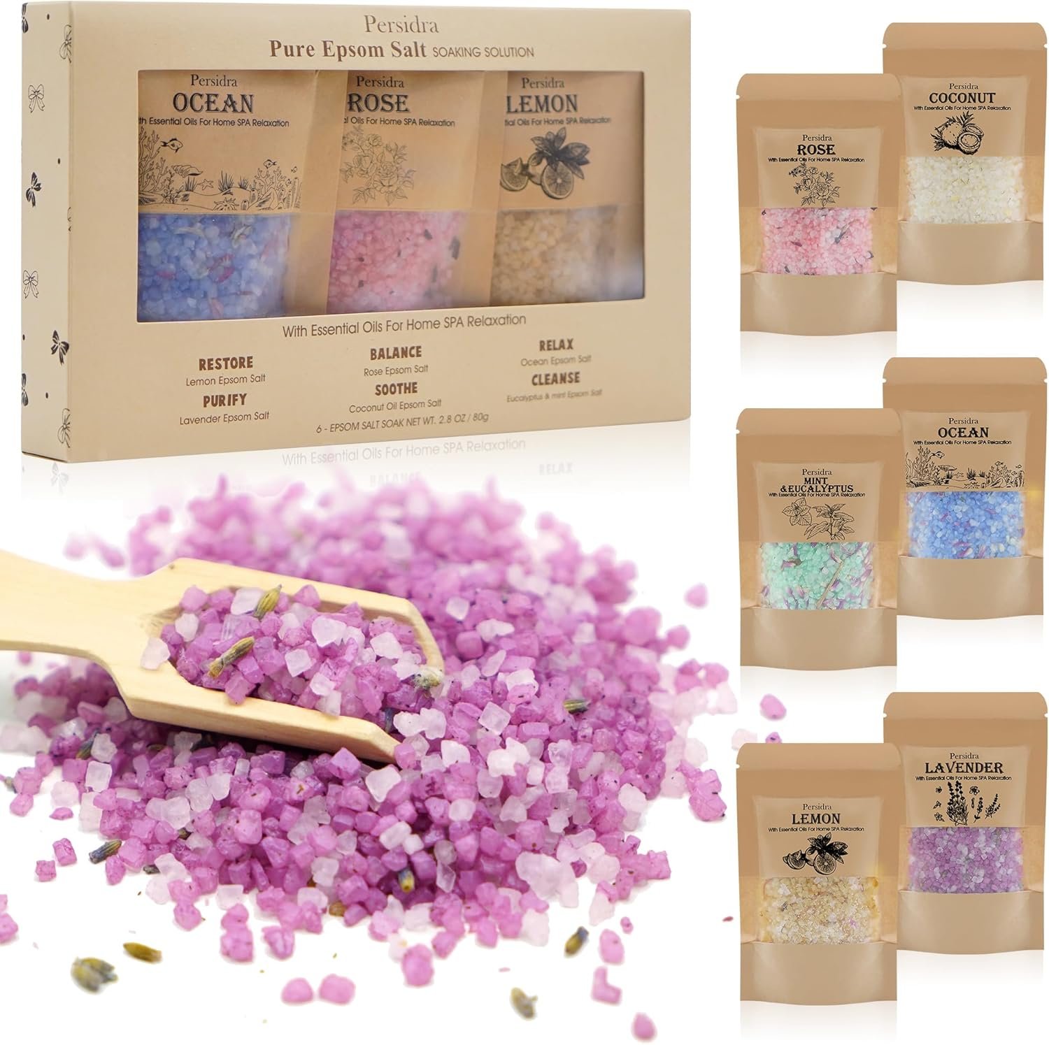 Bath Salts, Bath Salts for Women Relaxing, Father's Day Birthday Gifts, Self Care for Women and Men, Individual Packets with Natural Sea Salt, Minerals and Dried Flower, Spa Bath & Foot Soak, 6 Scents