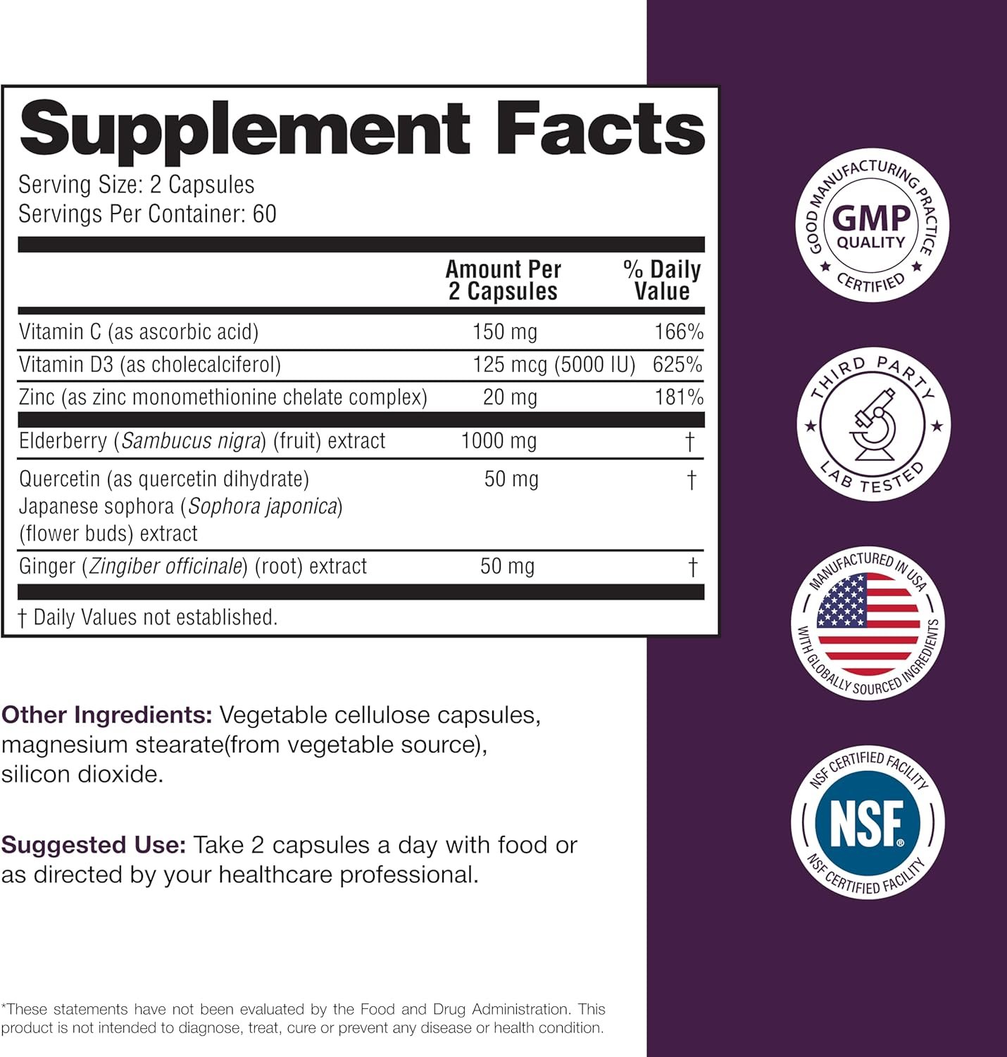 Elderberry Vitamin C and Zinc Capsules with D3 and Quercetin | 6-in-1 Immune Support Supplement Pills for Adults | 120 Count Sambucus Black Elderberry Natural Immunity Vitamins | Made in USA - Image 9