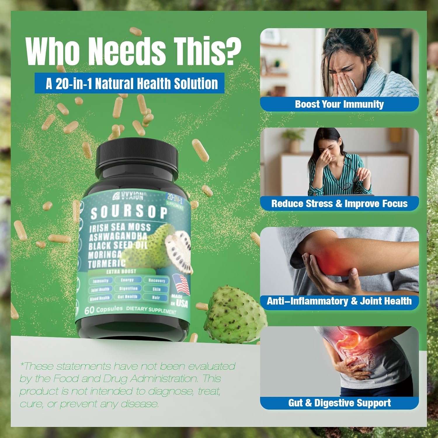 Soursop Graviola Supplement with Sea Moss, Moringa, Turmeric, Black Seed Oil, Oregano, Ashwagandha | 20-in-One Herbal extracts for Overall Health-Enhancing | Vegan, Non-GMO | 60 Capsules - Image 3