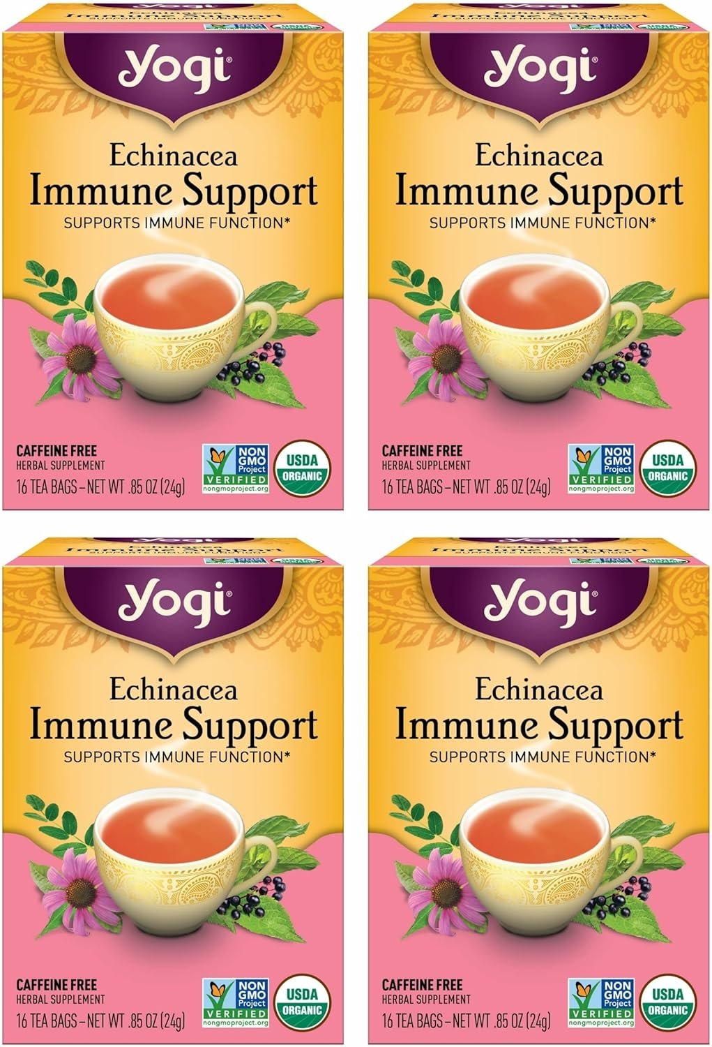 Yogi Tea Echinacea Immune Support Tea - 16 Tea Bags per Pack (4 Packs) - Organic Immunity Support Tea - Includes Peppermint Leaf, Lemongrass, Cinnamon Bark, Echinacea Purpurea, Licorice Root & More