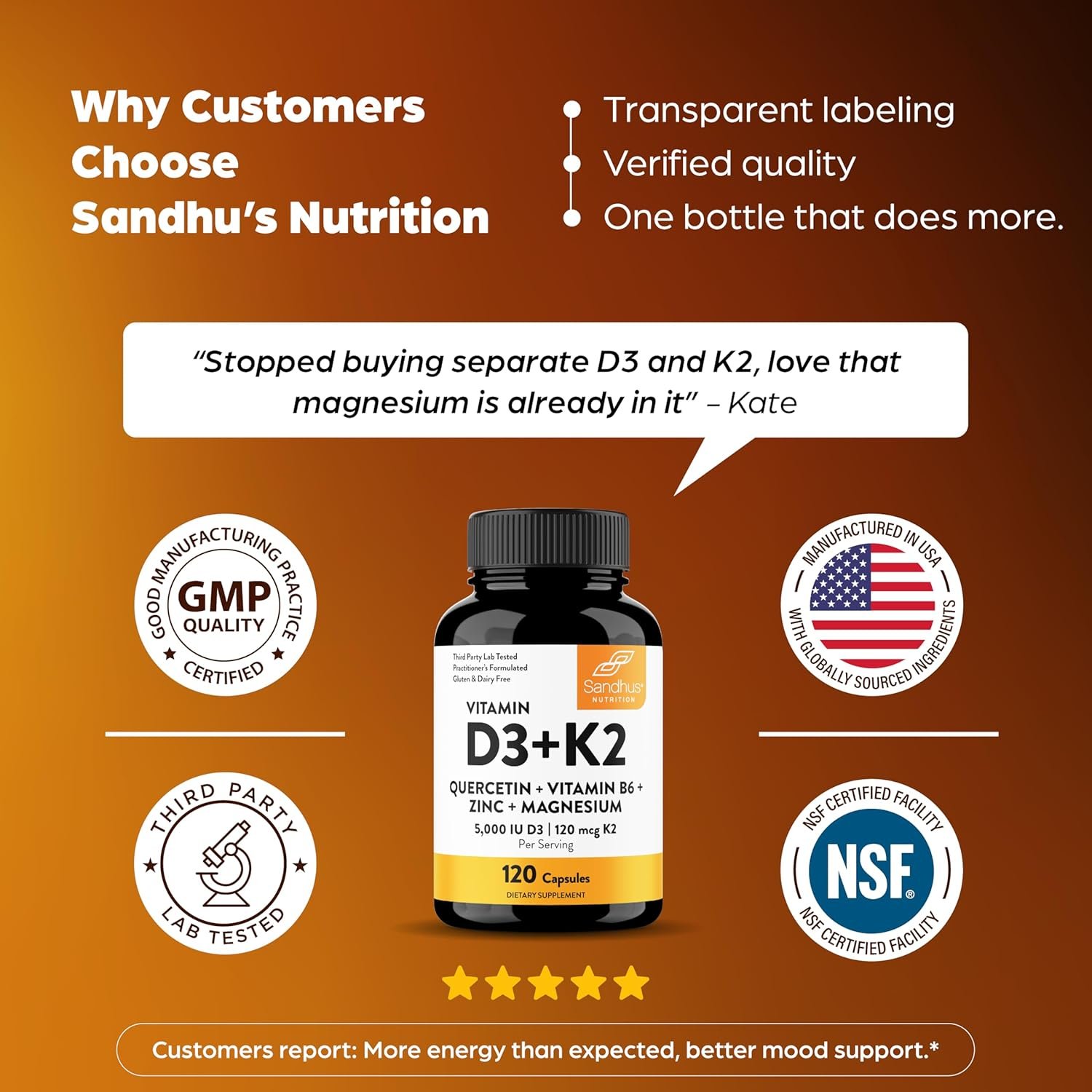 Sandhu's Vitamin D3 K2 Magnesium 5000 IU, 120mcg K2 Capsules 120 Count (Pack of 1) | with VIT B6, Zinc & Quercetin | D3K2 Supports Superior Absorption, Energy, Immune, Muscle Health for Men & Women - Image 8