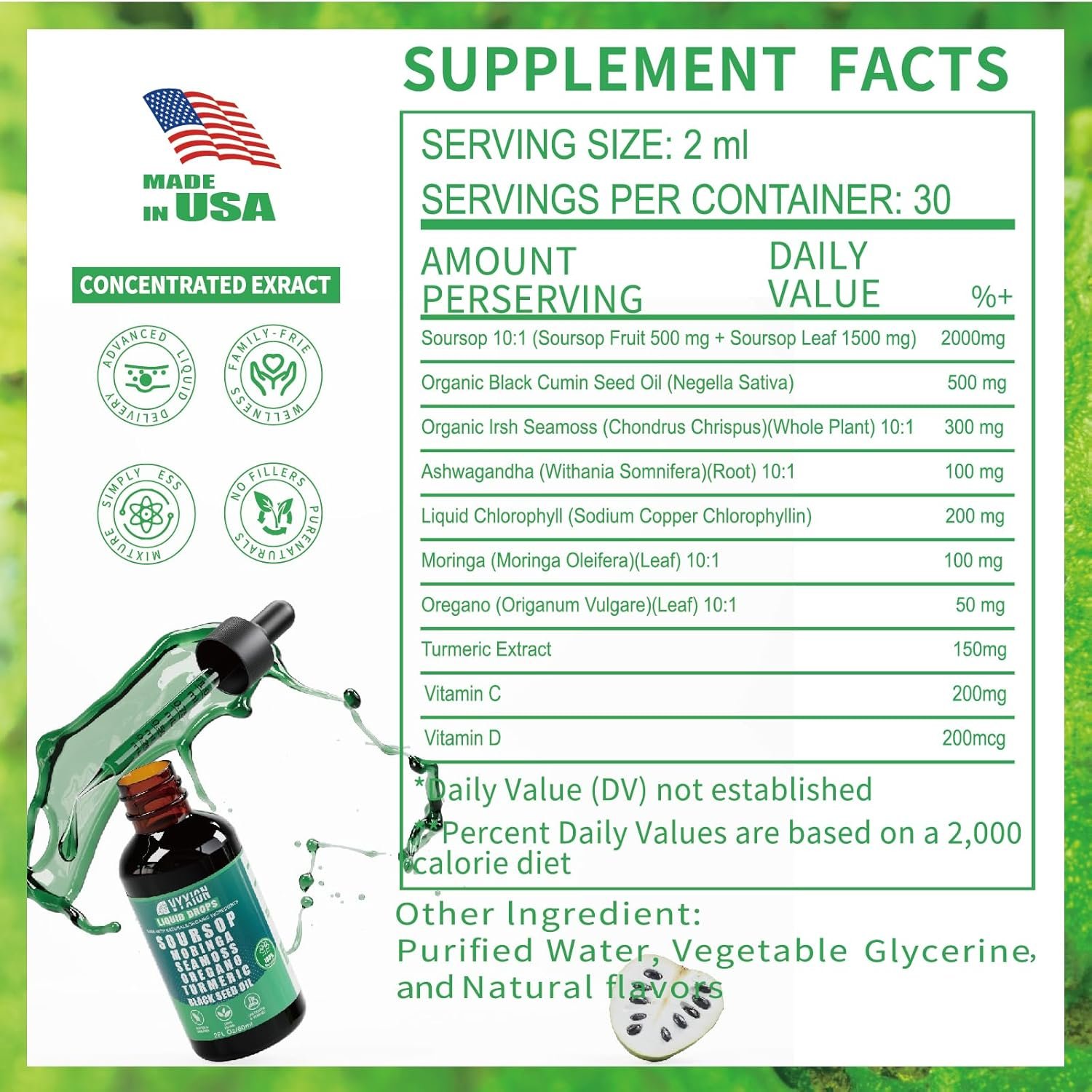 Soursop Bitters Liquid Drops 10 in 1 with Sea Moss, Moringa, Turmeric, Black Seed Oil, Oregano, Ashwagandha | Herbal Extracts for Overall Health-Enhancing | Vegan, Non-GMO | 2 Fl Oz - Image 4