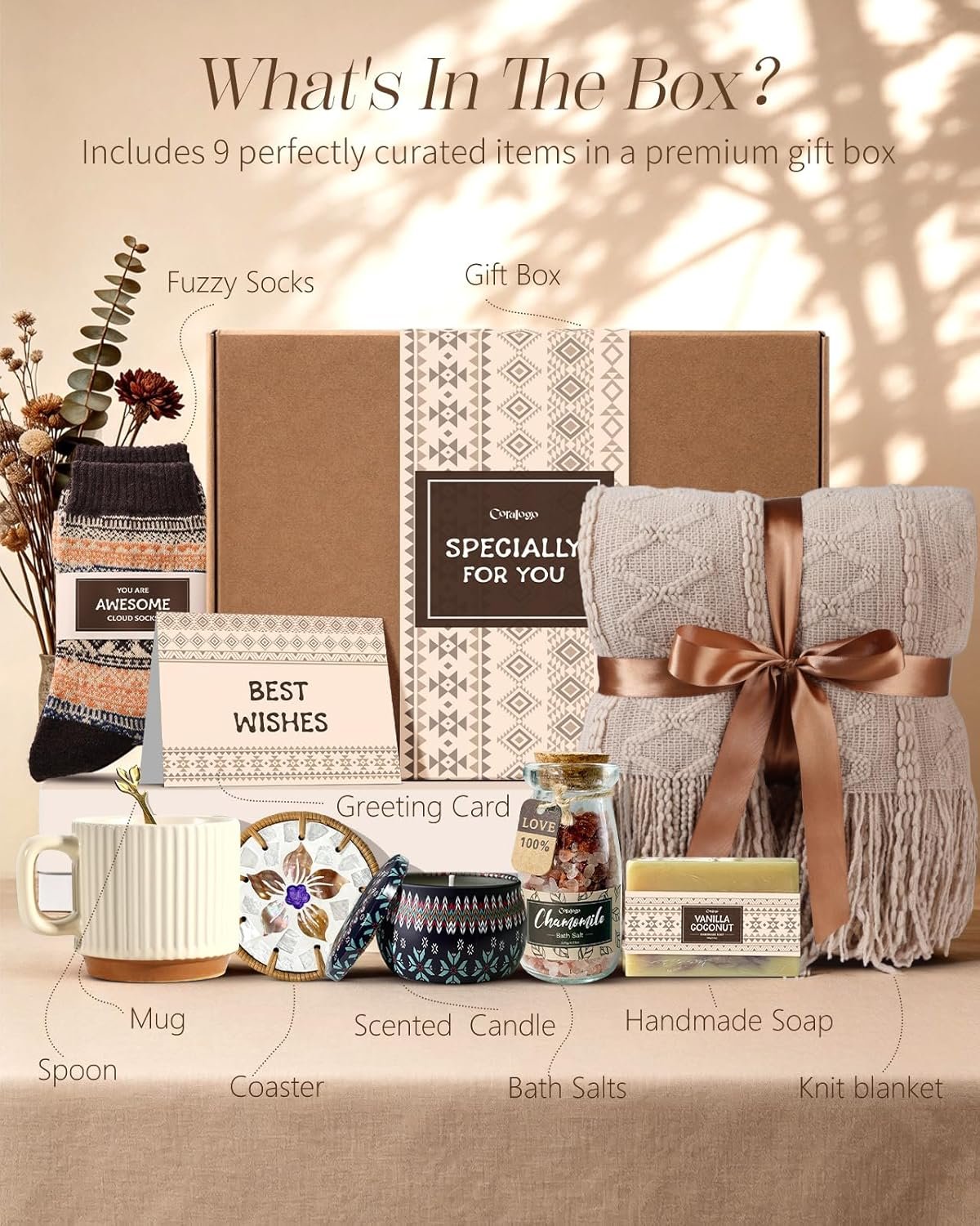 Spa Gift Bakset for Women - Unique Bohemian Basket with Soft Blanket, Warm Socks, Blank Card, Boho Gifts for Women, Birthday, Mother's Day, Get Well, Self Care, Thinking of You - Image 2