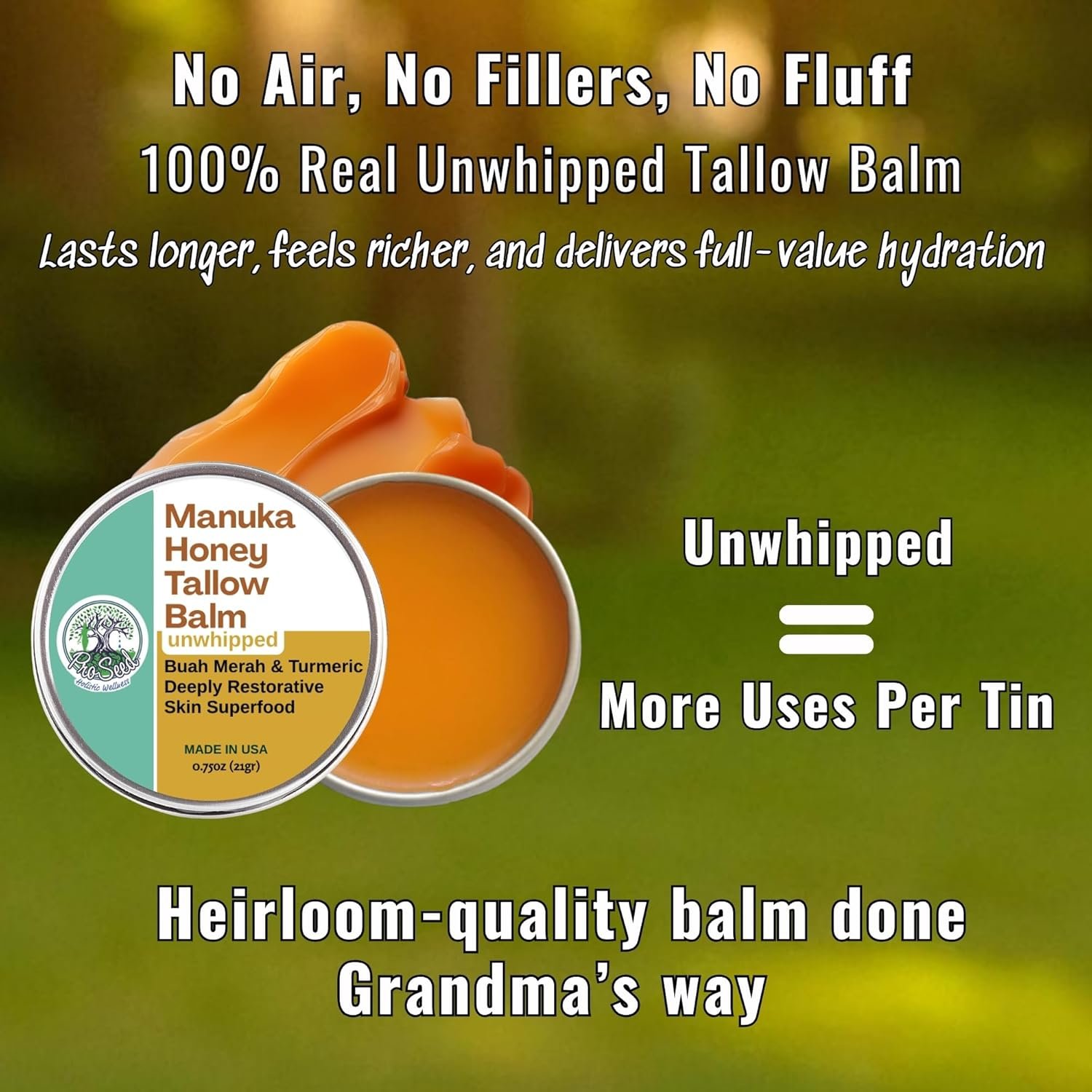 ProSeed Manuka Honey Unwhipped Tallow Balm – Handmade Grass-Fed Beef Moisturizer with Frankincense, Vitamin E, Castor, Buah Merah & Turmeric – Face & Body Cream for Men, Women & Kids – Travel Size - Image 6