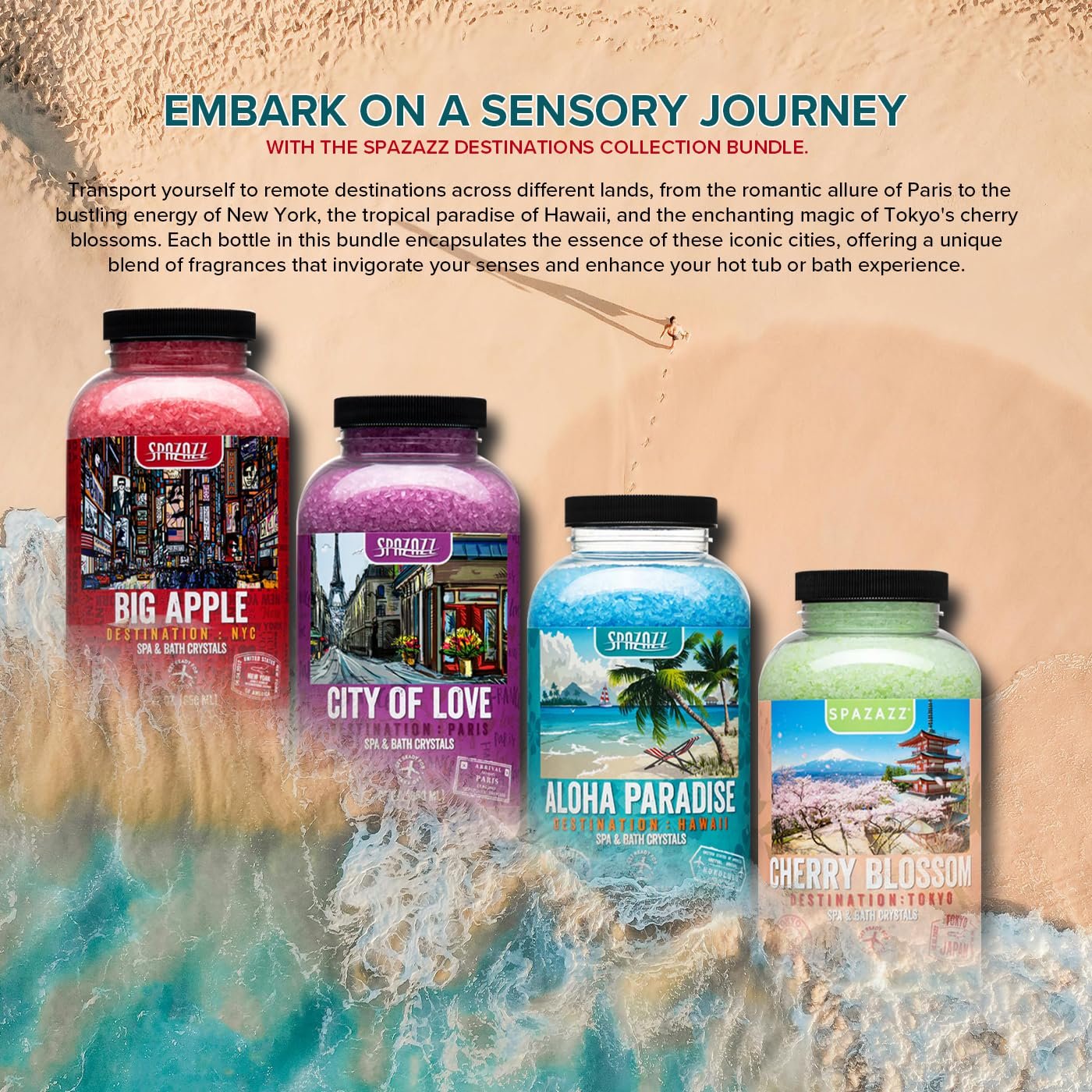 Hot Tub & Spa Aromatherapy Bath Salt Crystal Scents Spazazz Destinations Collection Bundle Aloha Paradise, Big Apple, City of Love, Cherry Blossom - Skin Moisturizer - Will Not Damage Spas & Hot Tubs - Image 2