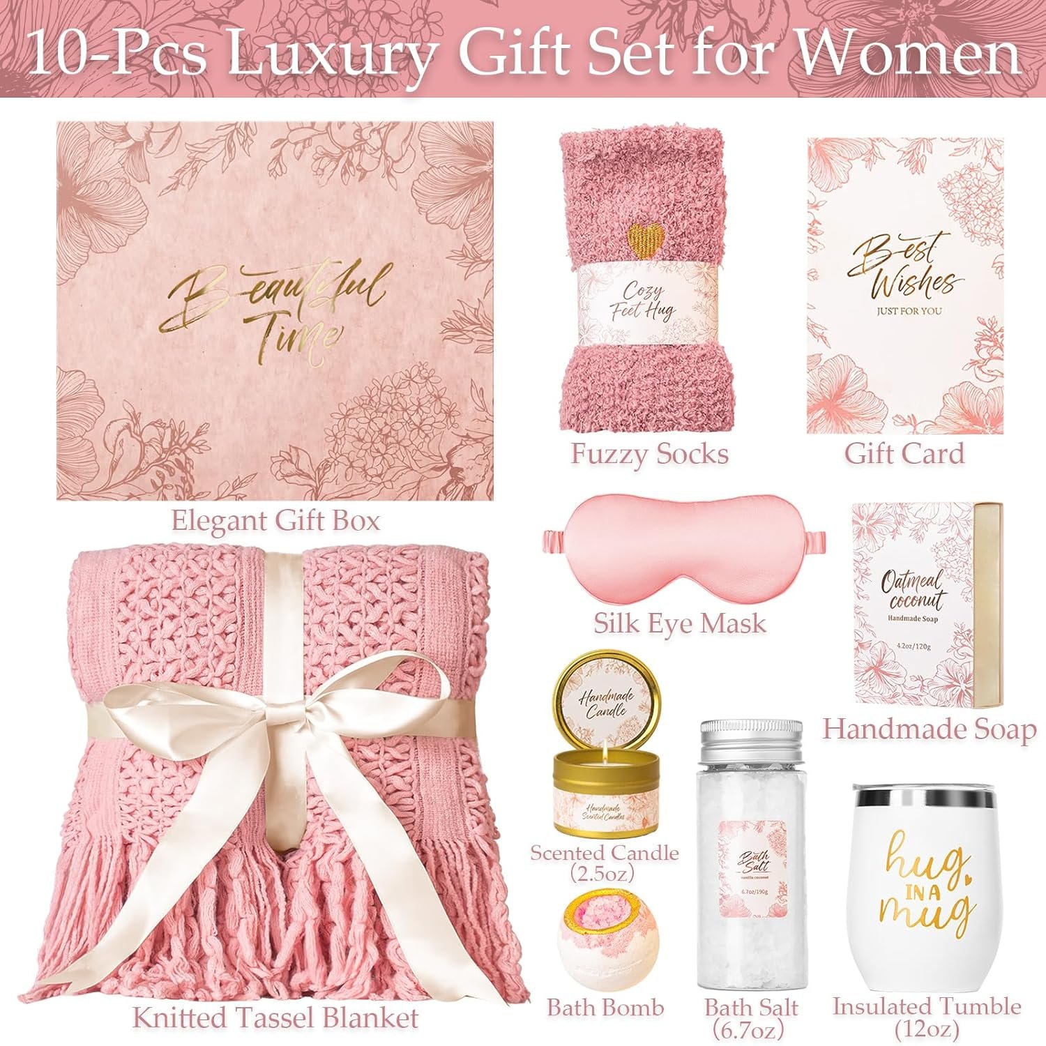 Mothers Day Gifts for Mom, Rose Self Care Package for Women with Knitted Fringe Blanket - Romantic Get Well Soon Basket, Birthday Present for Wife Grandma Sister Her Friend - Image 2
