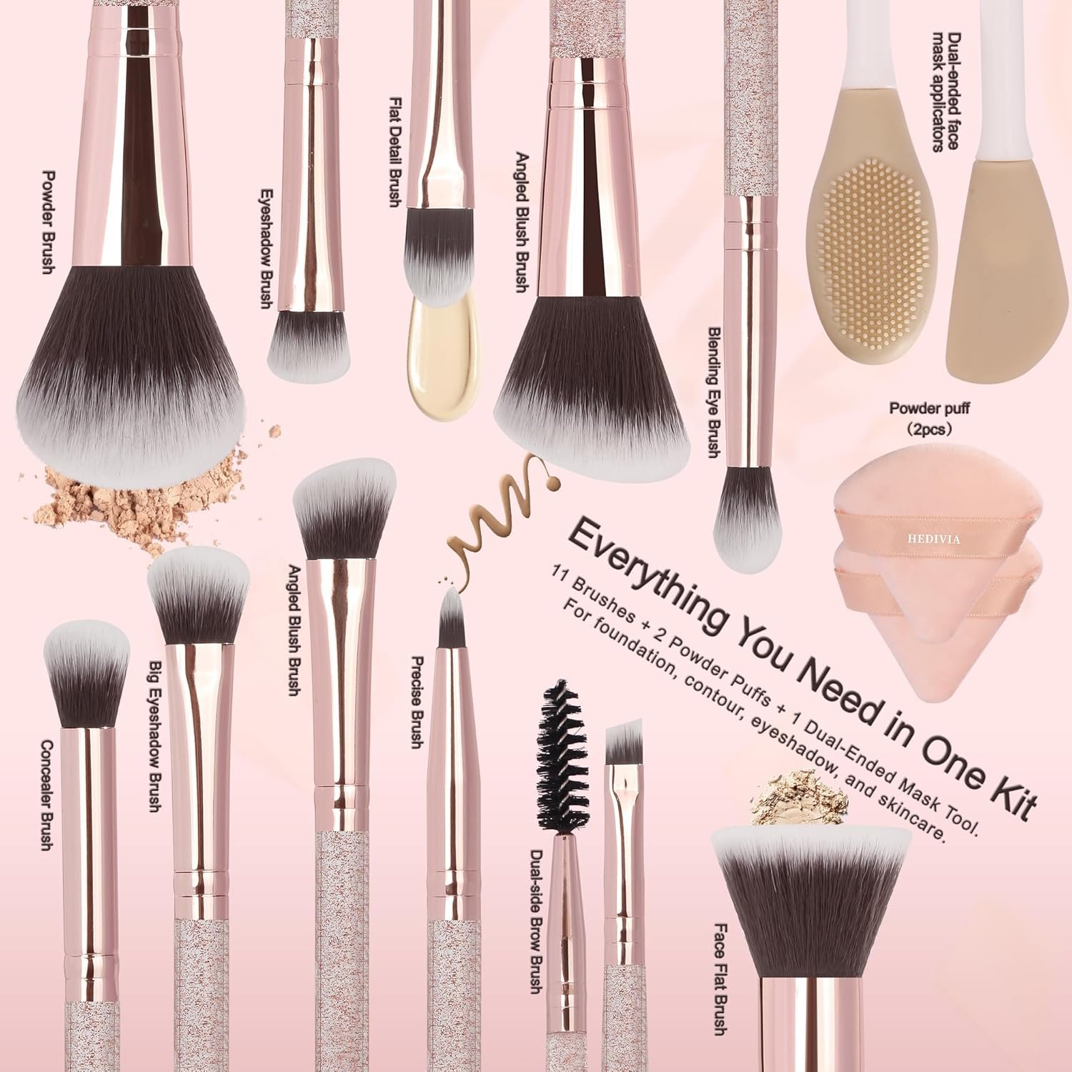 Pink Makeup Brushes Set 14 Pcs Professional, Synthetic Foundation Concealer Powder Blush Eyeshadow Brushes with 2 Powder Puffs & Dual-ended Mask Applicator, Gifts for Women Teen Girls - Image 3