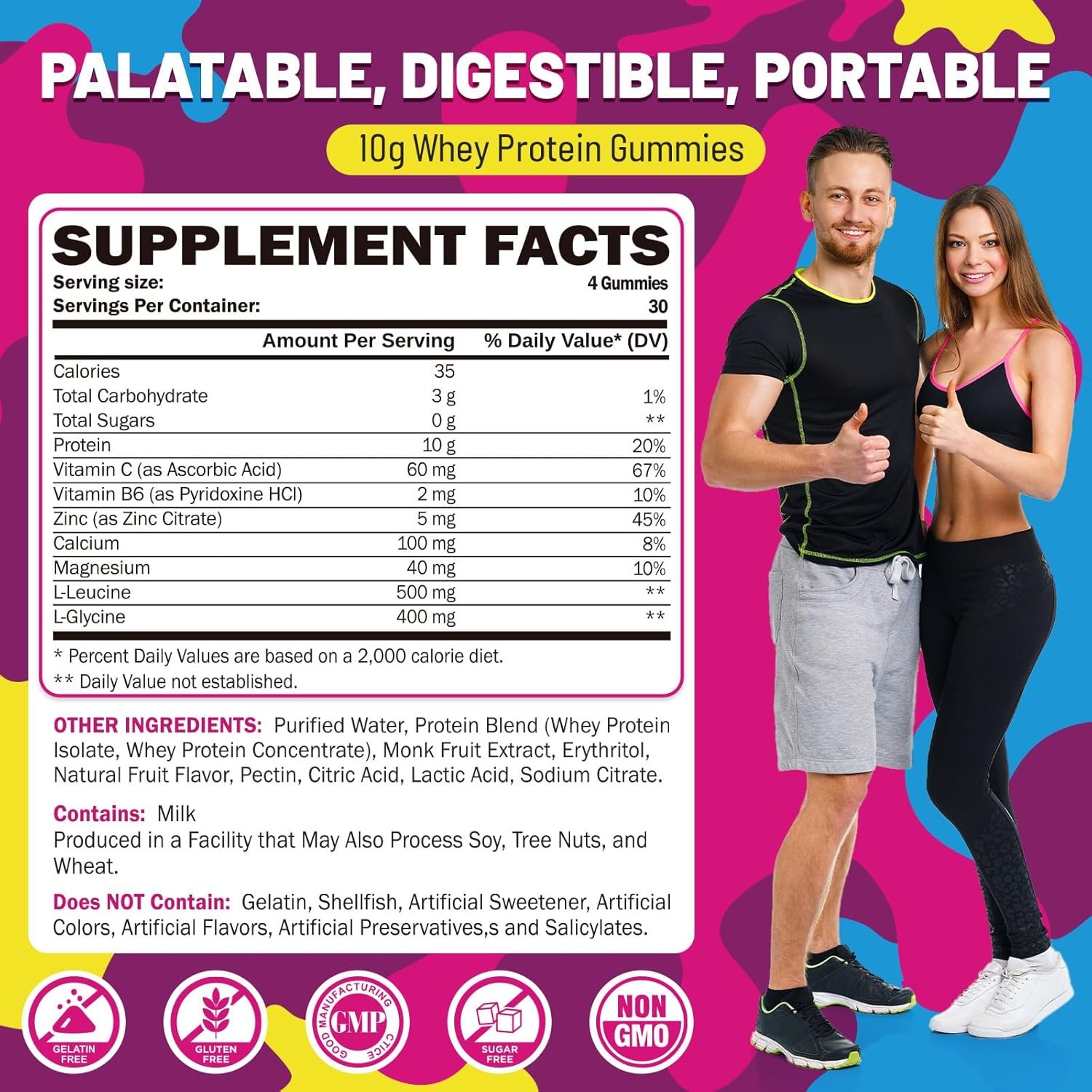 Protein Gummies, Chewable Whey Protein Supplement with L-Glycine & L-Leucine, 10g Protein for Women & Men, Muscle, Hair, Skin & Nails, 120 Count - Image 2