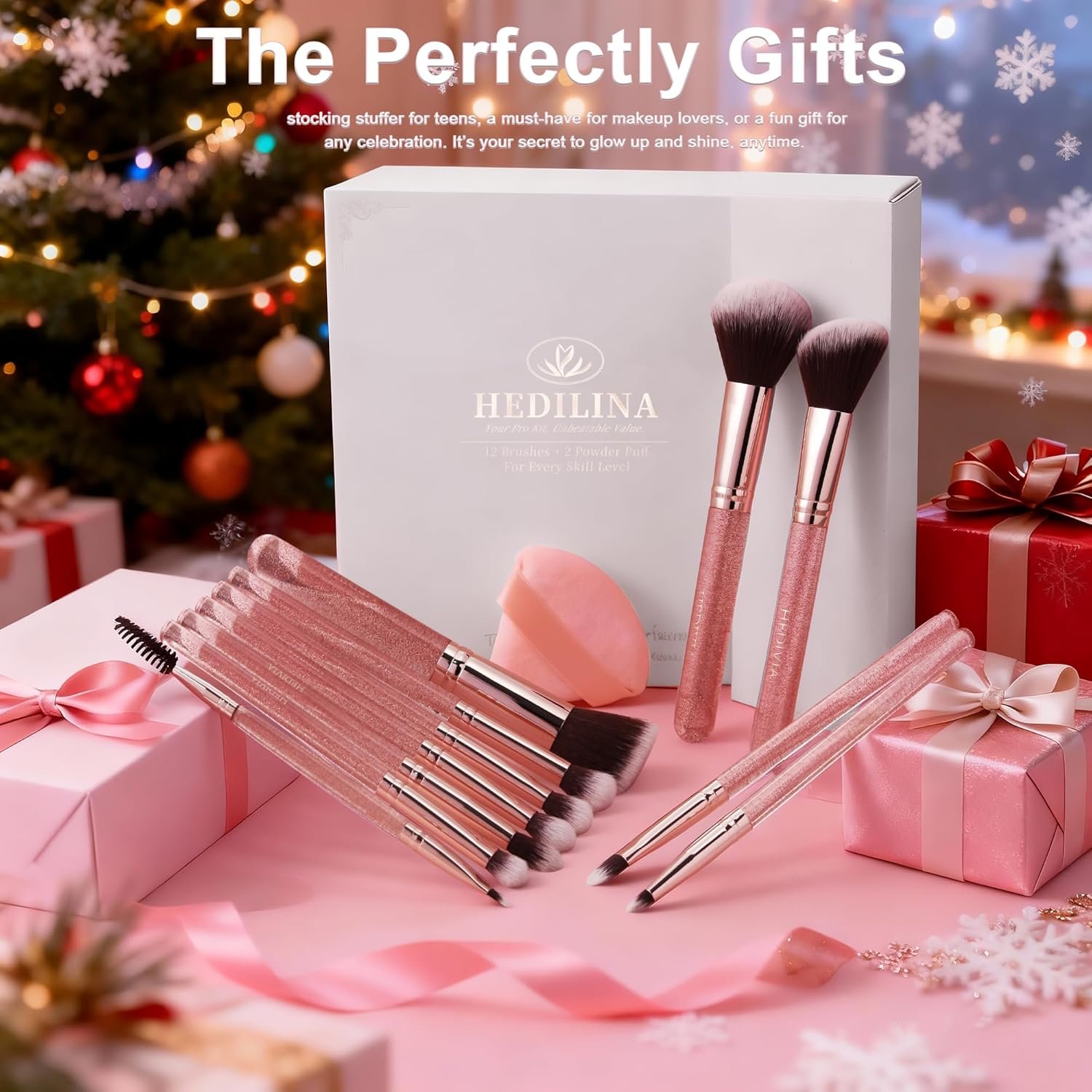 Pink Makeup Brushes Set 14 Pcs Professional, Synthetic Foundation Concealer Powder Blush Eyeshadow Brushes with 2 Powder Puffs & Dual-ended Mask Applicator, Gifts for Women Teen Girls - Image 9