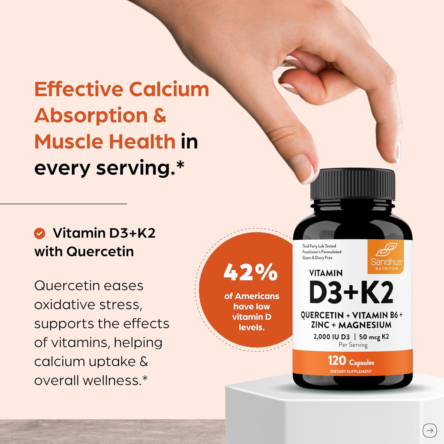 Sandhu's Vitamin D3 K2 Magnesium 2000 IU, 50mcg K2 Capsules 120 Count (Pack of 1) | with VIT B6, Zinc & Quercetin | D3K2 Supports Superior Absorption, Energy, Immune, Muscle Health for Men & Women - Image 2