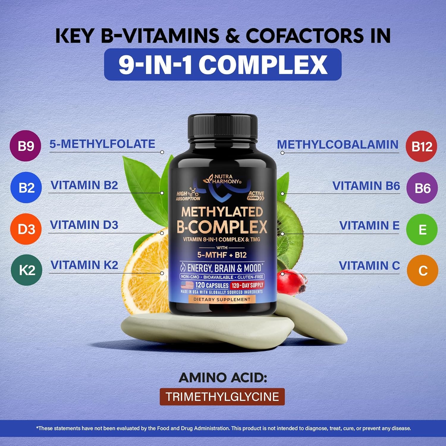 Vitamin B Complex Methylated - B-Complex with Methylfolate & B12 - Bioavailable for Men & Women - 9-in-1 Methylated Multivitamin - Energy, Brain & Mood - Vegan - Lab Tested - 120 Capsules, One/Day - Image 6