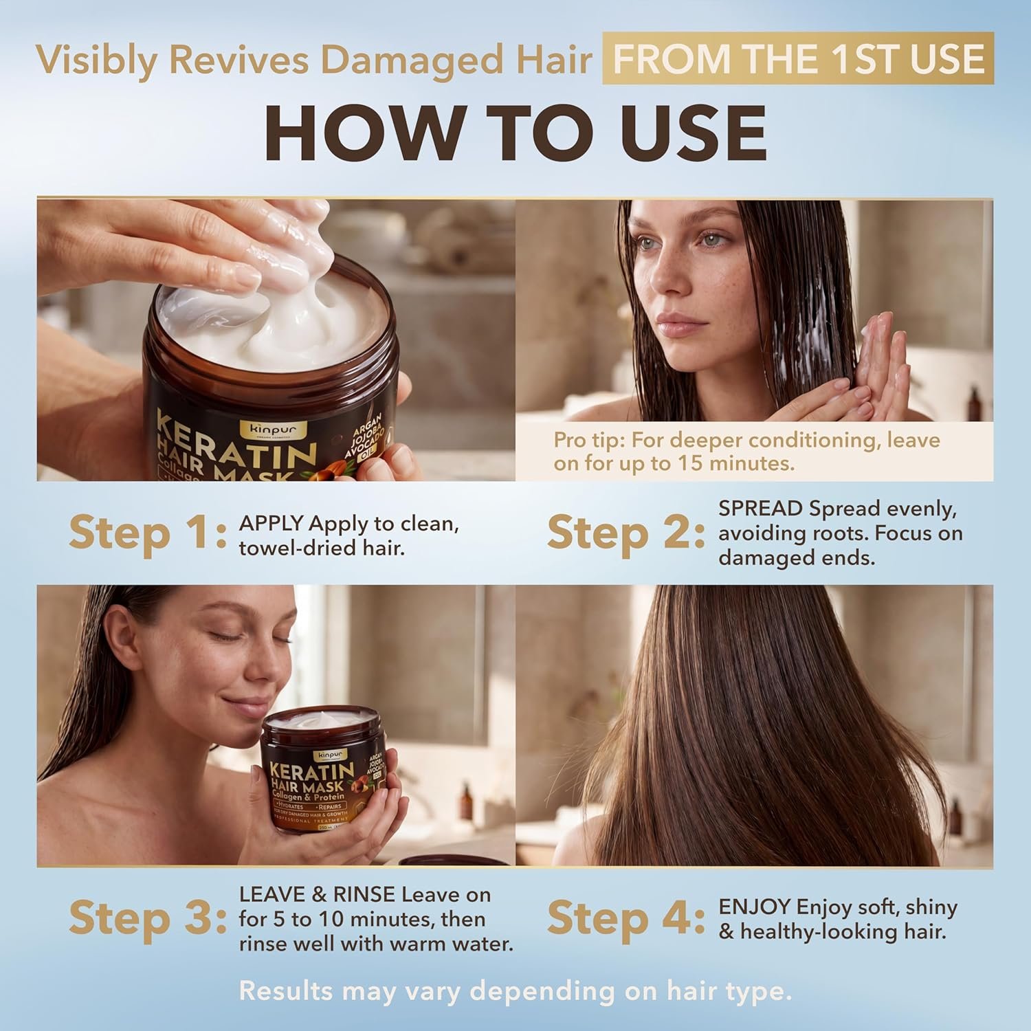 KINPUR ORGANIC COSMETICS Keratin Hair Mask for Dry & Damaged Hair – Deep Conditioning Hair Treatment with Coconut, Jojoba & Avocado Oils, Collagen & Protein – Hydrating Hair Mask, Color-Safe - Image 7