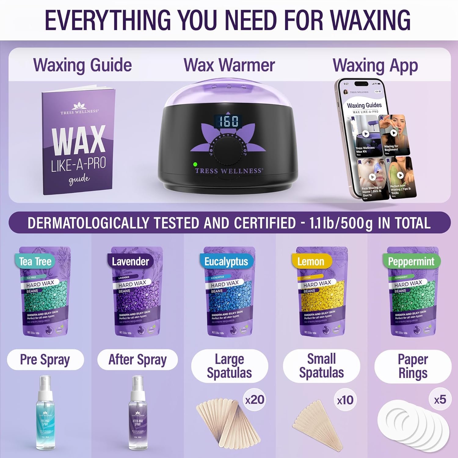 Tress Wellness Waxing Kit for Sensitive Skin, Safe for Face & Skin, Prep & Aftercare Spray, Easy to Use, At-Home Kit for Face, Bikini, Brazilian & Full Body - Digital Display, Black Purple Flower - Image 2
