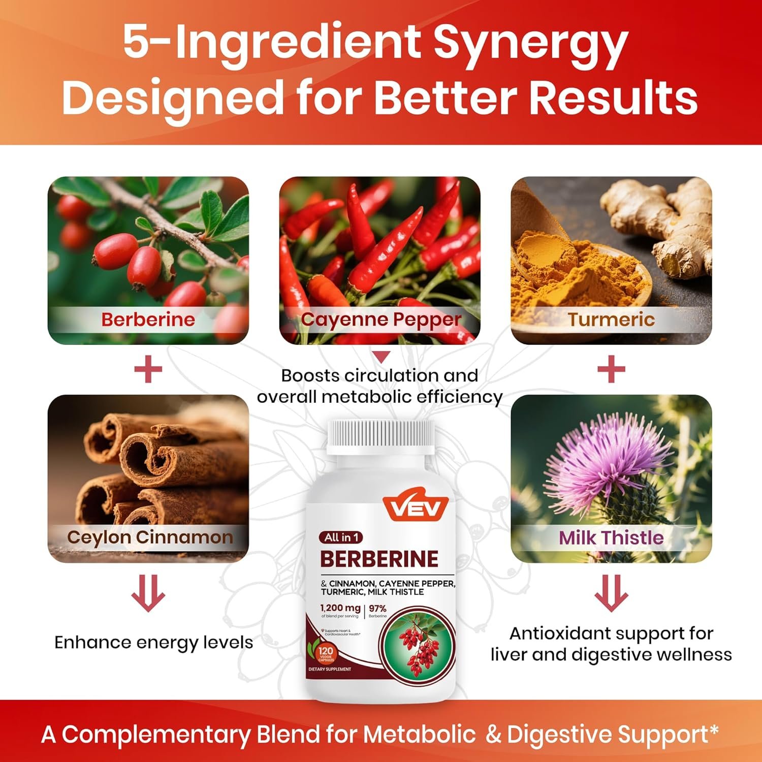 VEV Berberine Supplement with Ceylon Cinnamon, Cayenne Pepper, Turmeric, Milk Thistle, Vegan & Non-GMO – 120 Capsules - Image 4