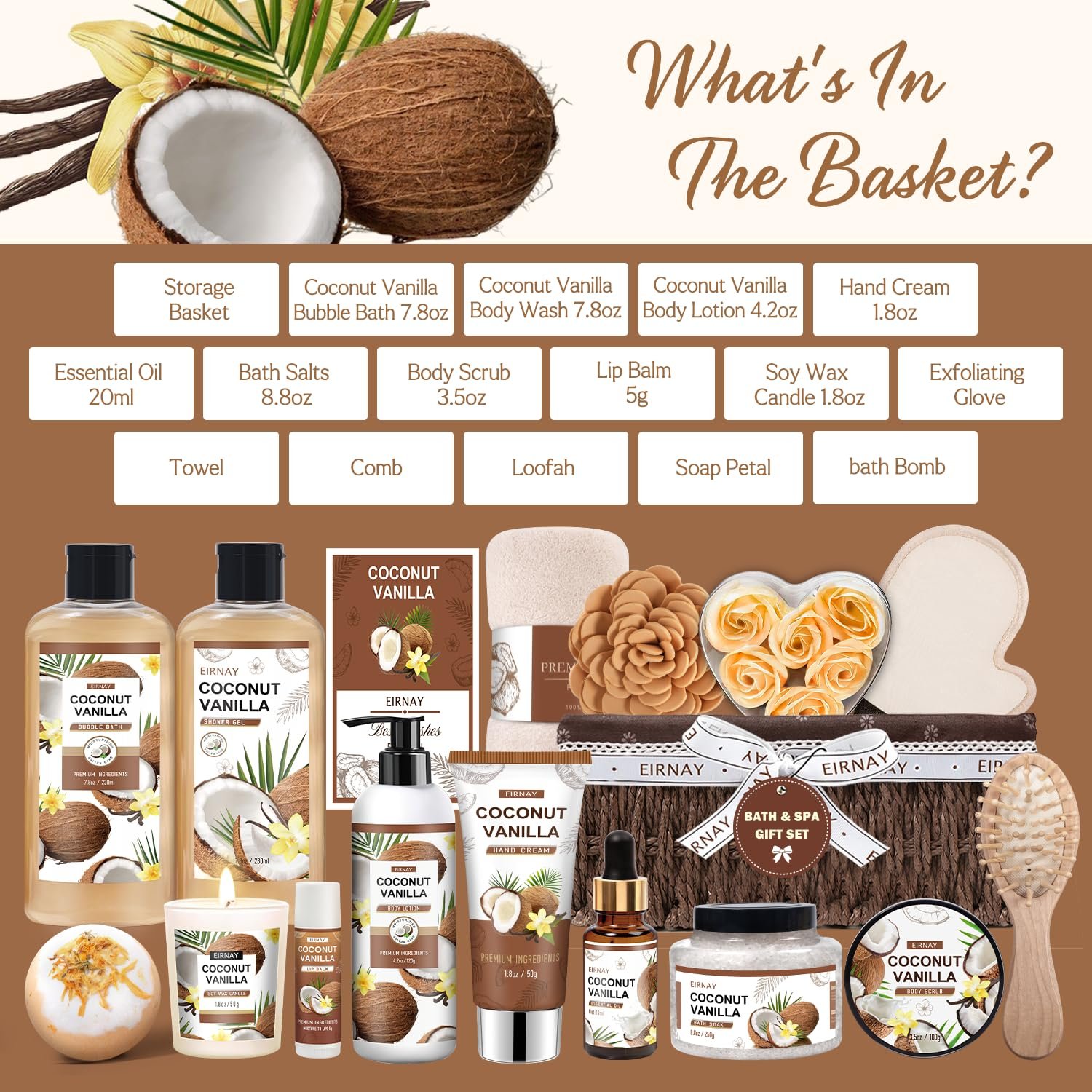 Mothers Day Gifts For Women - 16 PCS Birthday Gift Basket for Women Set of Coconut Vanilla Self Pampering Set, Includes Luxurious Home Spa Shower Gel Bubble Bath - Image 2