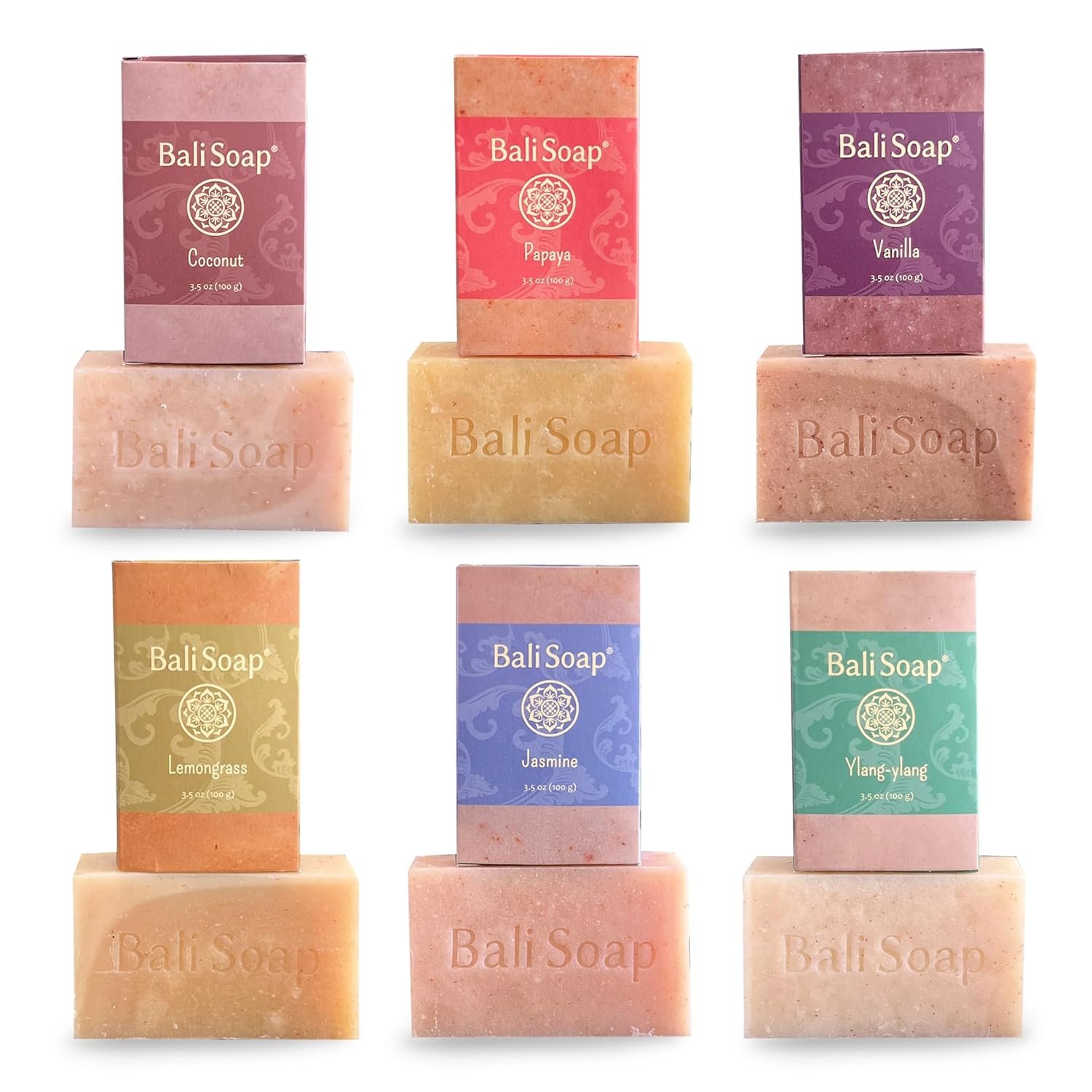 Bali Soap Natural Soap Gift Set - Handmade, Cold Process, Aromatherapy Spa Bar Soap for Face & Body (Coconut, Papaya, Vanilla, Lemongrass, Jasmine, Ylang Ylang), 6 Pack (3.5 oz Each) - Image 2