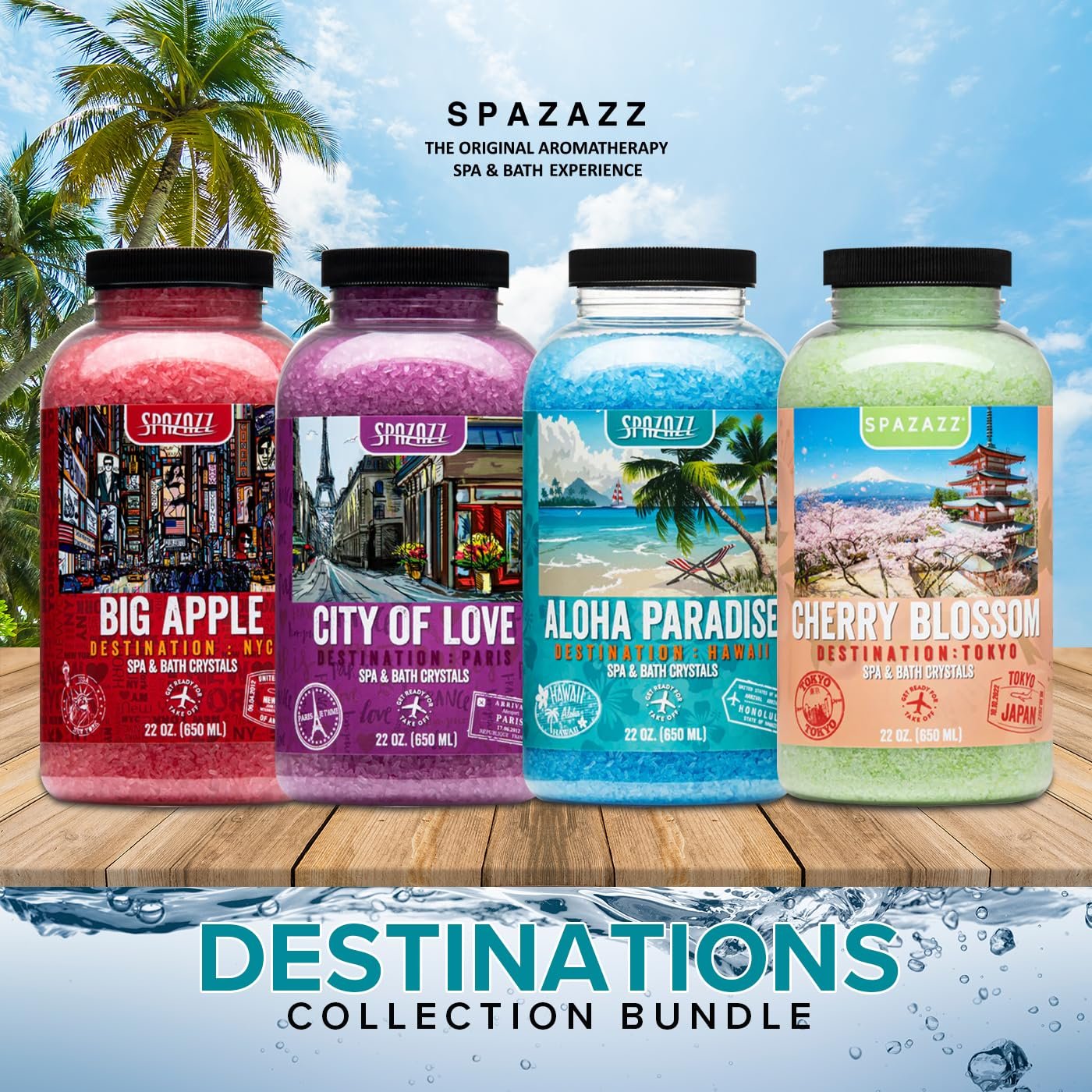 Hot Tub & Spa Aromatherapy Bath Salt Crystal Scents Spazazz Destinations Collection Bundle Aloha Paradise, Big Apple, City of Love, Cherry Blossom - Skin Moisturizer - Will Not Damage Spas & Hot Tubs - Image 3