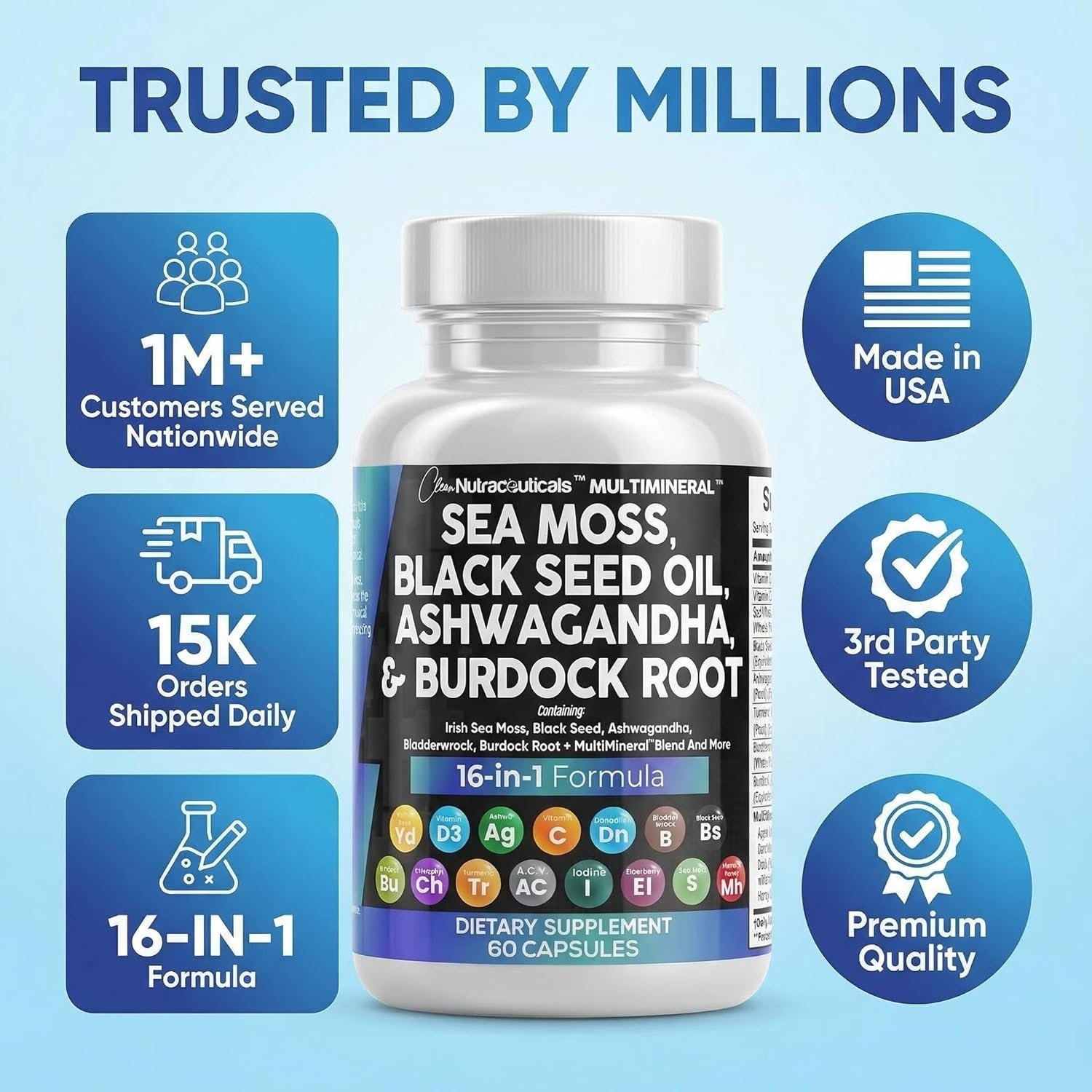 Clean Nutraceuticals Sea Moss Black Seed Oil Ashwagandha Turmeric Bladderwrack Burdock & Vitamin C Vitamin D3 with Elderberry Manuka Dandelion Yellow Dock Iodine Chlorophyll ACV - Image 8