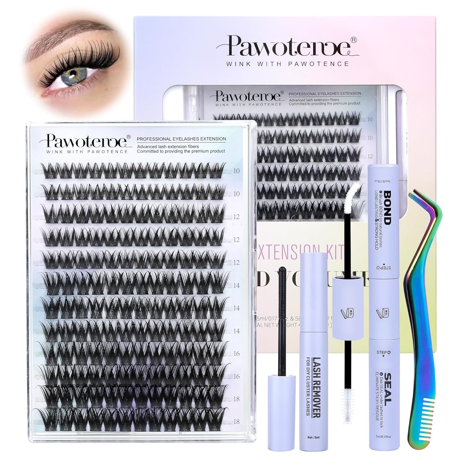 Pawotence Lash Clusters Kit Misha 10-18mm Cluster Lashes Extension Kit 144pcs Eyelash Clusters Wet Look Wispy Lashes Cluster Eyelash Extensions with Waterproof Lash Bond and Seal, Remover, Applicator