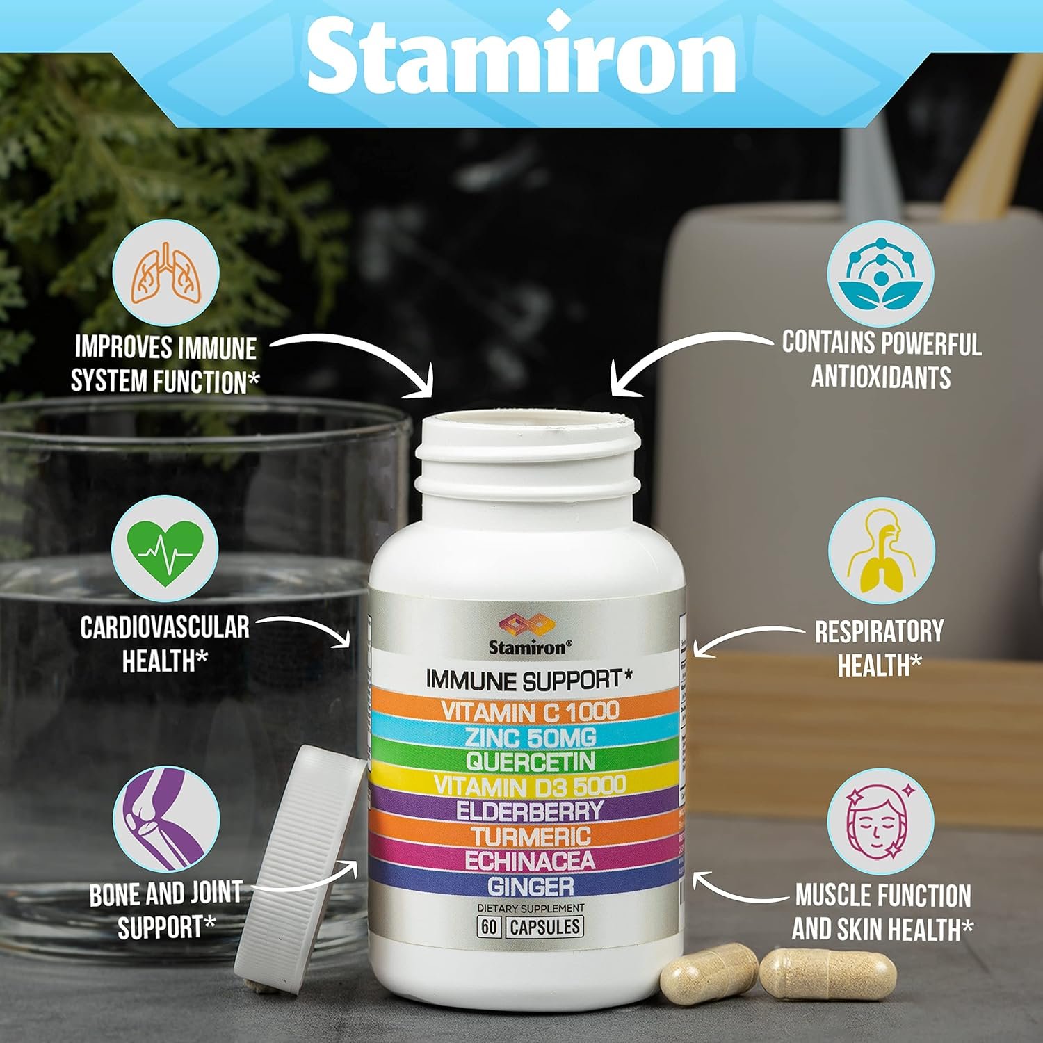 8 in 1 Immune Support with Quercetin Zinc 50mg Vitamin C 1000mg Vitamin D3 5000 IU and Elderberry Echinacea Ginger for Adults Kids - VIT D Supplement Veg Capsules - Image 3
