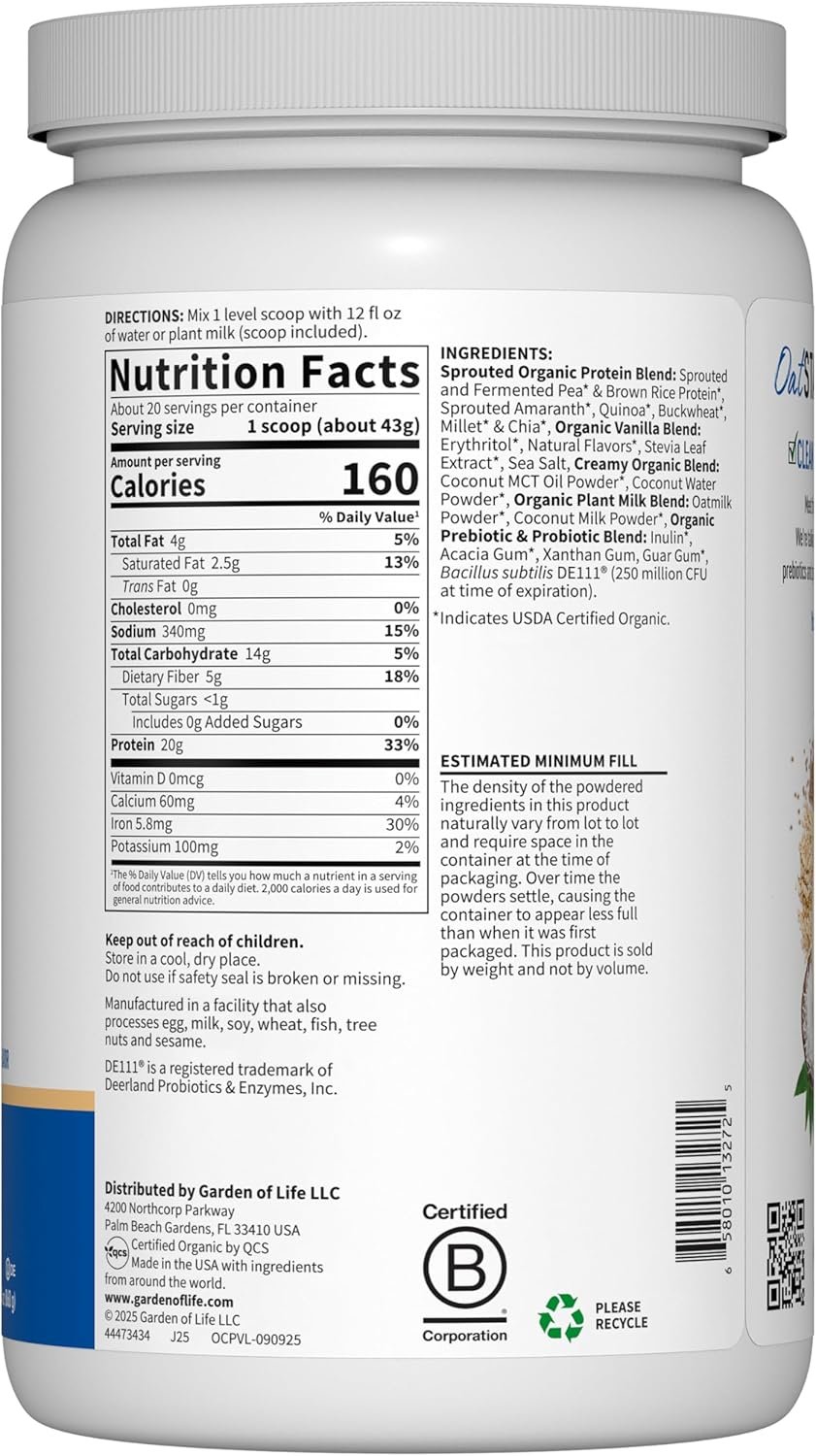 Garden of Life Creamy Plant Protein + Oat Milk Powder + Vanilla Flavor Vegan Protein Powder – Plant Based, Prebiotics & Probiotics, Gluten-Free, Non-GMO, Vanilla Cookie Flavor, 2 LBS - Image 9