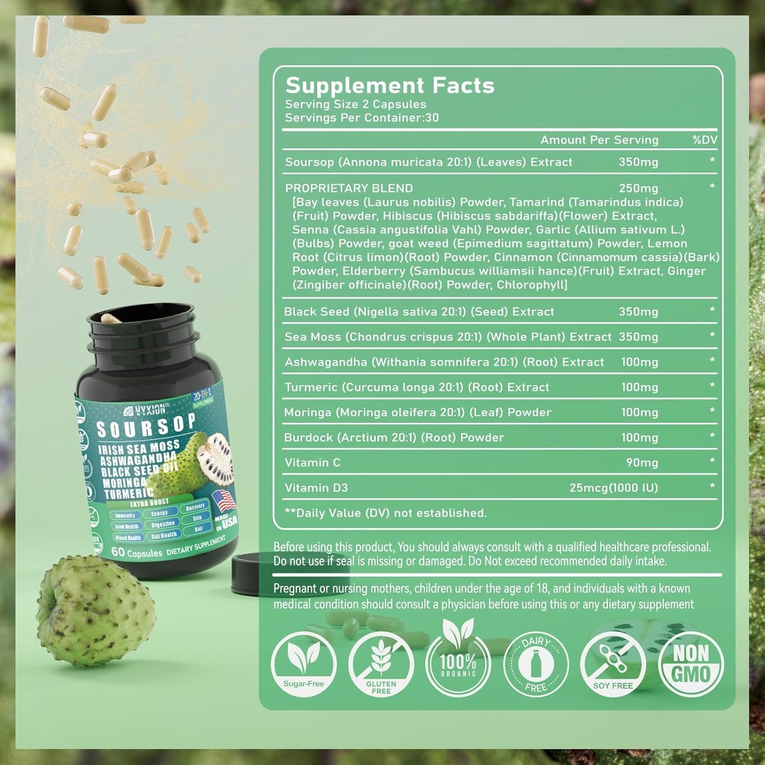 Soursop Graviola Supplement with Sea Moss, Moringa, Turmeric, Black Seed Oil, Oregano, Ashwagandha | 20-in-One Herbal extracts for Overall Health-Enhancing | Vegan, Non-GMO | 60 Capsules - Image 7