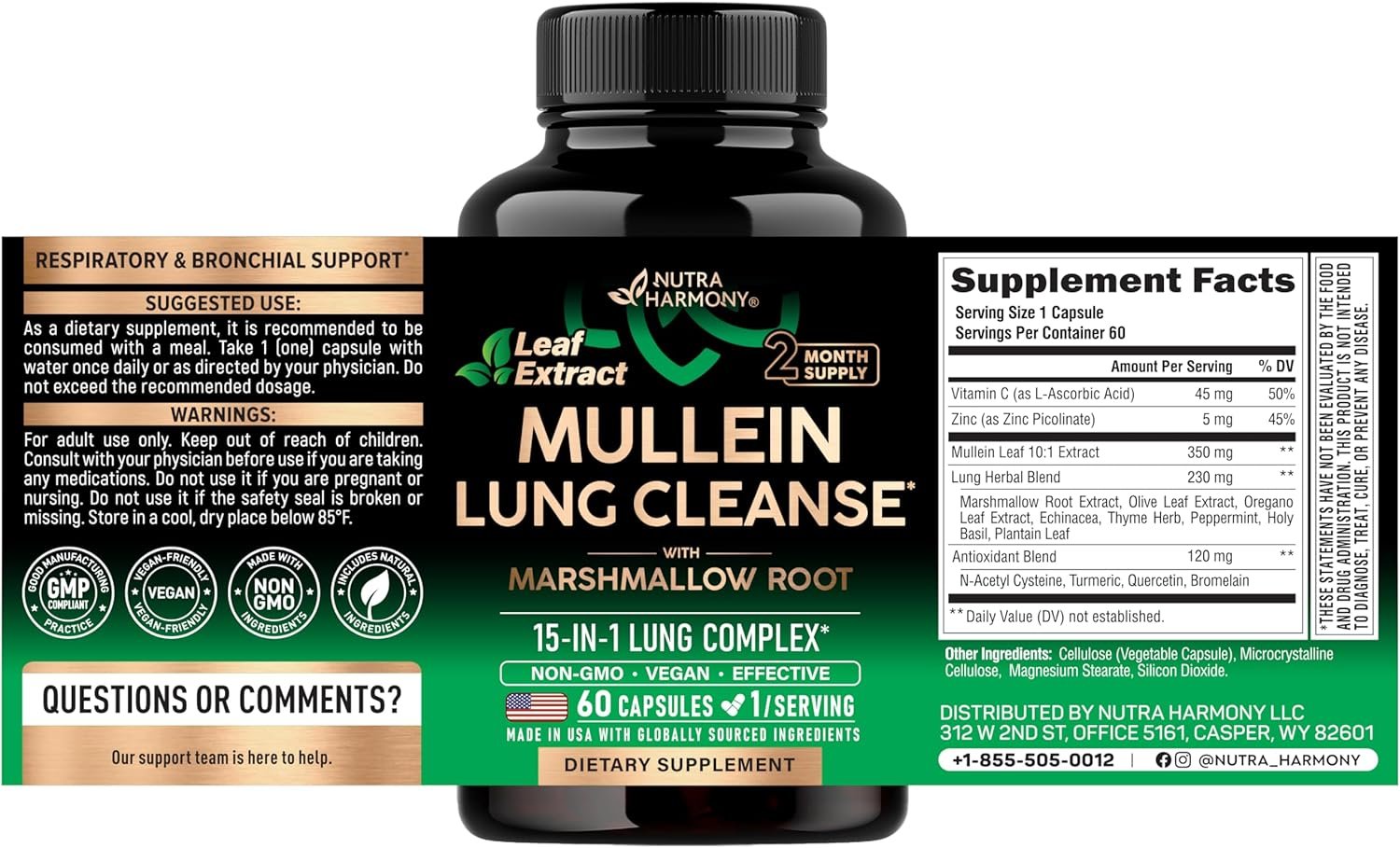 Mullein Lung Detox - Mullein Leaf 10:1 Extract - Marshmallow Root | Echinacea | Oregano | Quercetin | NAC - 15-in-1 Lung Support & Cleanse for Smokers Supplement - for Women & Men - 60 Vegan Capsules - Image 2