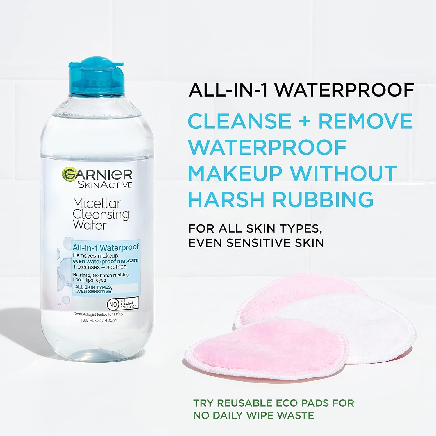 Garnier Micellar Water For Waterproof Makeup, Hydrating Facial Cleanser & Makeup Remover, Suitable for Sensitive Skin, Vegan, Cruelty Free, 13.5 Fl Oz (400mL), 1 Count - Image 2