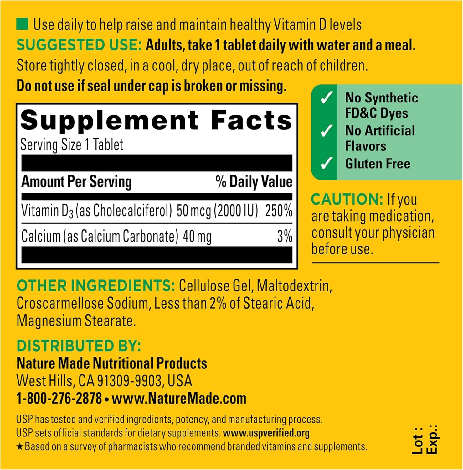 Nature Made Vitamin D3 2000 IU (50 mcg), Vitamin D Supplement for Bone, Teeth, Muscle and Immune Health Support, 100 Tablets, 100 Day Supply - Image 7