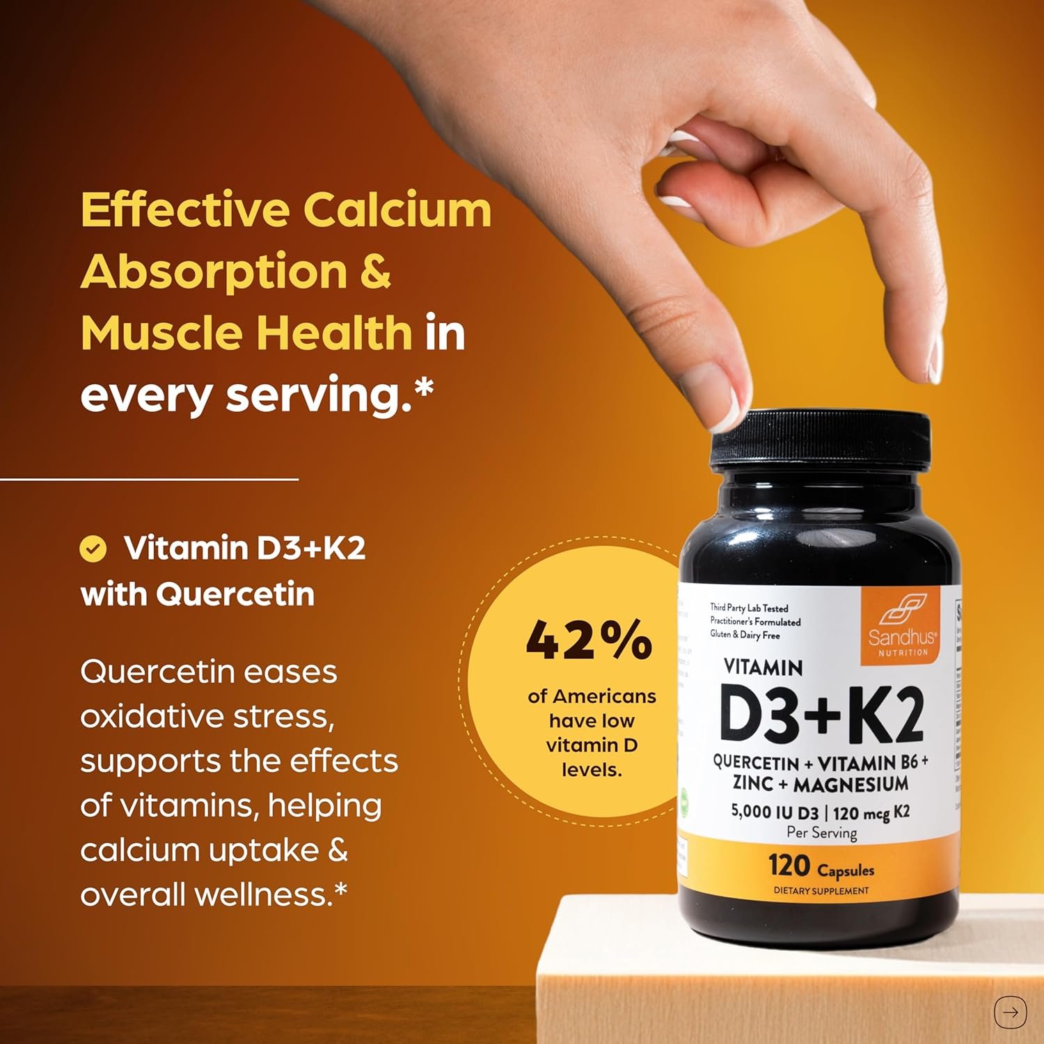 Sandhu's Vitamin D3 K2 Magnesium 5000 IU, 120mcg K2 Capsules 120 Count (Pack of 1) | with VIT B6, Zinc & Quercetin | D3K2 Supports Superior Absorption, Energy, Immune, Muscle Health for Men & Women - Image 2