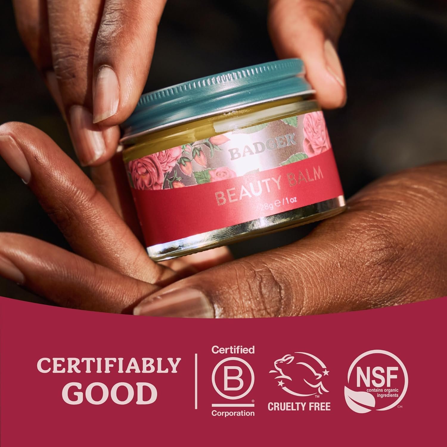 Badger Rose Beauty Balm, 100% Organic Nourishing Treatment For Face, Neck & Hands w/Pure Rose Essential Oil, Intensive Long Lasting Face Moisturizer for Women & Men, 1 oz Glass Jar - Image 8