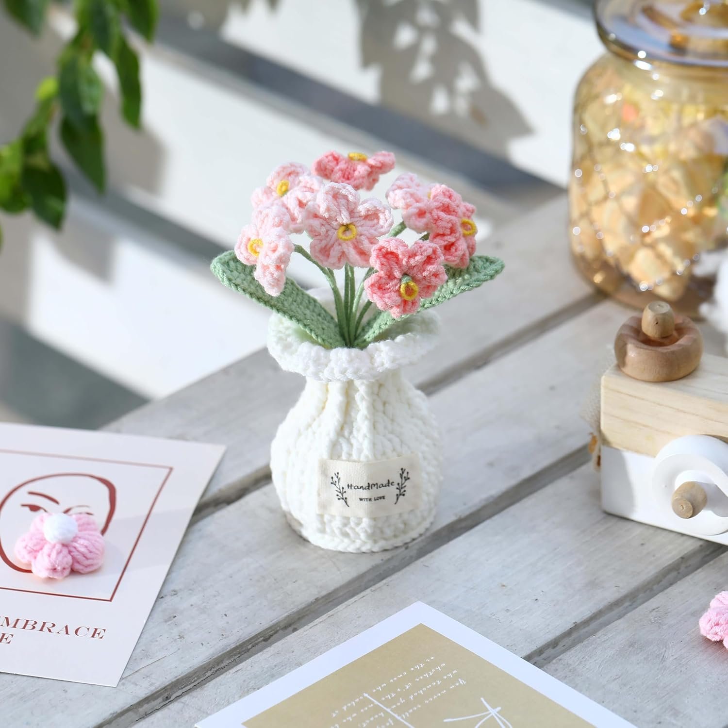 Forget-me-not Crochet Flower Potted Plant Pink - Handmade Desk Decor for Her Girlfriend Wife Mom Friends Sister Graduation Birthday Wedding Anniversary Home Decoration - Image 2