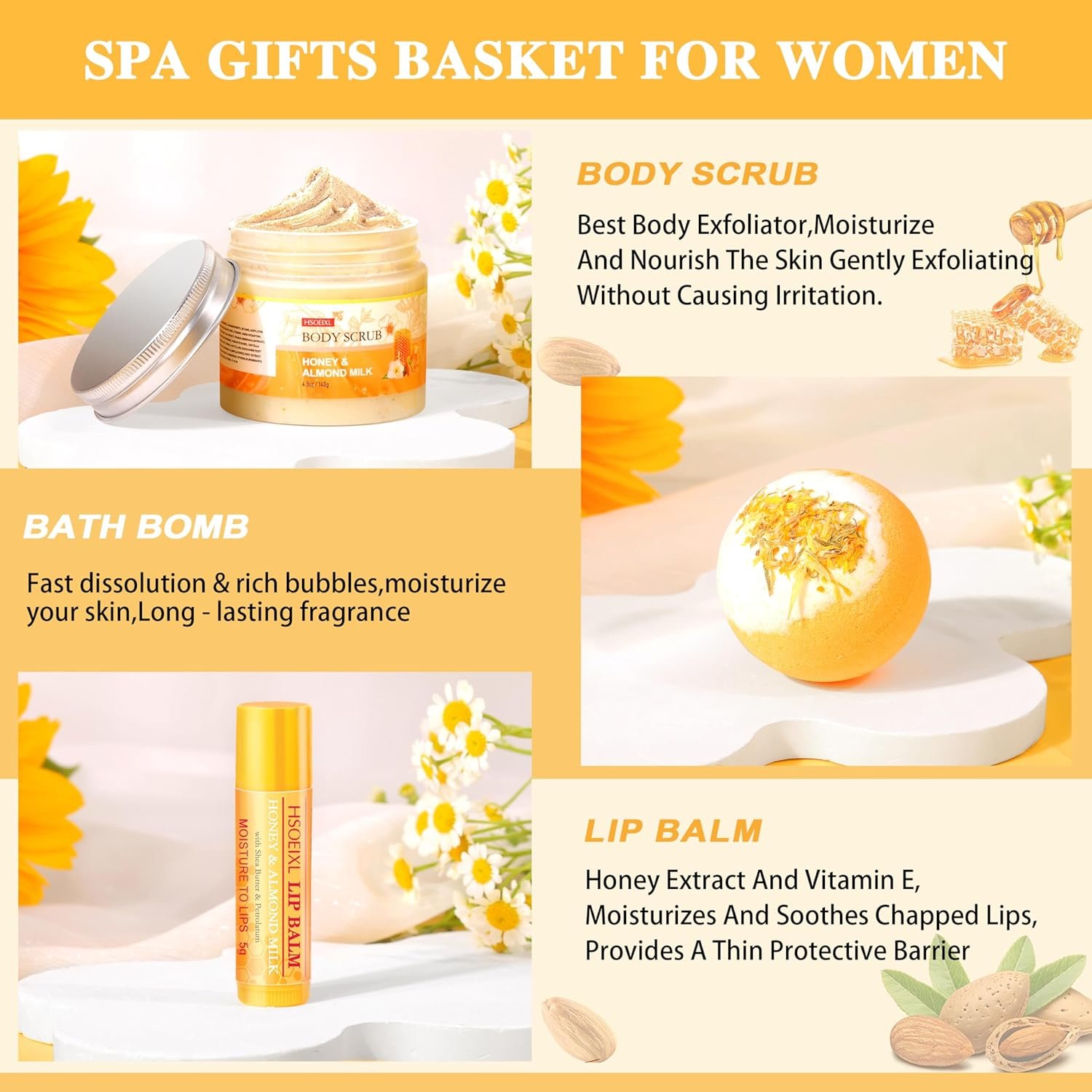 Gifts for Women, Birthday Gift for Women, 9 Pc Almond Milk & Honey Bath and Body Gifts Set, Self Care Gifts Spa Gift Basket, Relaxing Bath Sets for Mom, Girlfriend, Sister, Female Friends, Coworker - Image 4