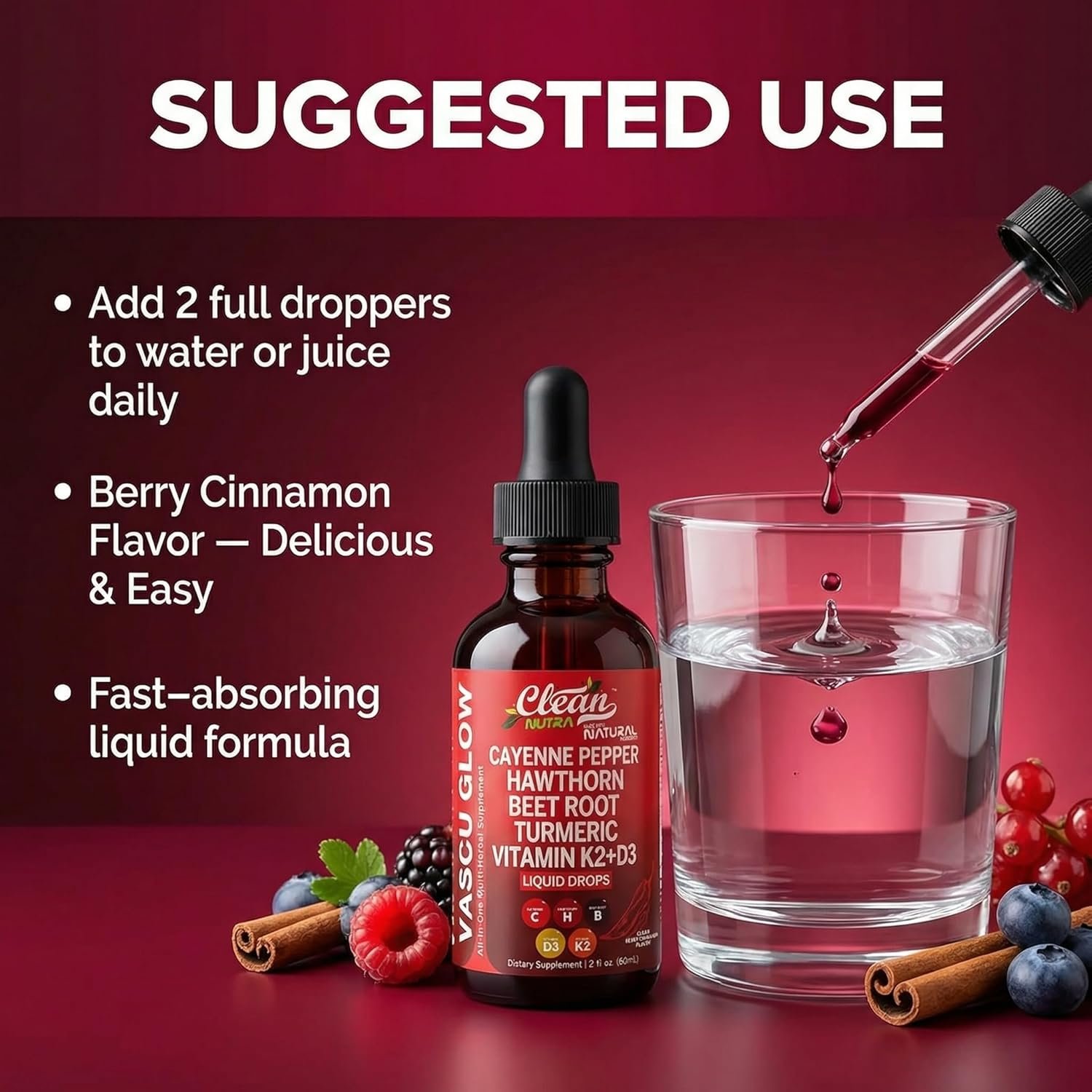 Clean Nutra Cayenne Pepper Drops Supplement Liquid + Hawthorn Berry, Vitamin D3 K2 Beet Root Powder, Ceylon Cinnamon, Turmeric Curcumin, Organic Panax Ginseng, Berberine Extract 1 Pack - Image 6