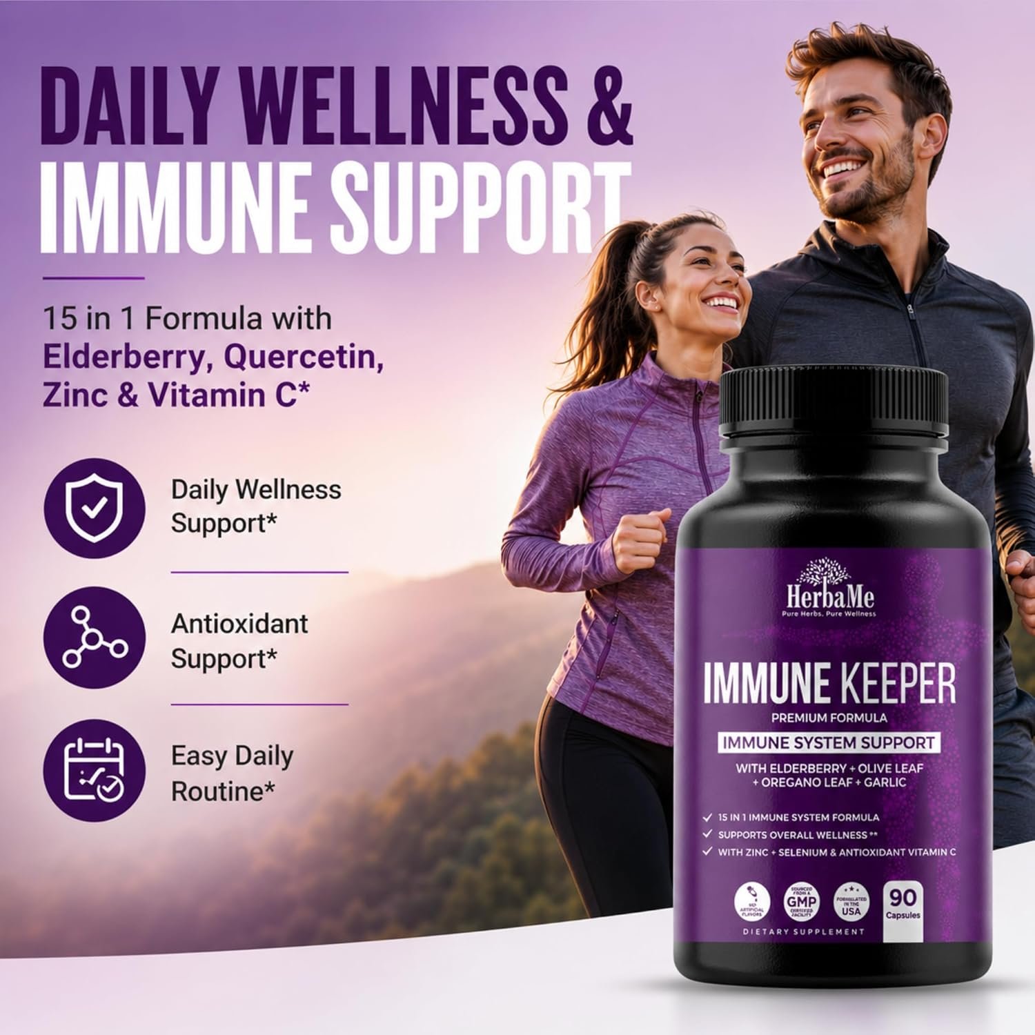 HerbaMe Immune Support Supplement, 15 in 1 Daily Wellness Formula with Elderberry, Quercetin, Zinc, Vitamin C & Selenium, Olive Leaf & Garlic for Men & Women, 90 Capsules - Image 2