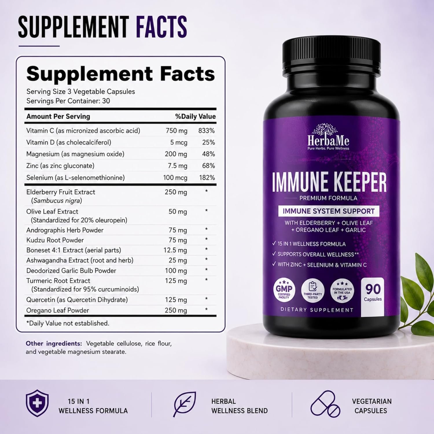 HerbaMe Immune Support Supplement, 15 in 1 Daily Wellness Formula with Elderberry, Quercetin, Zinc, Vitamin C & Selenium, Olive Leaf & Garlic for Men & Women, 90 Capsules - Image 7