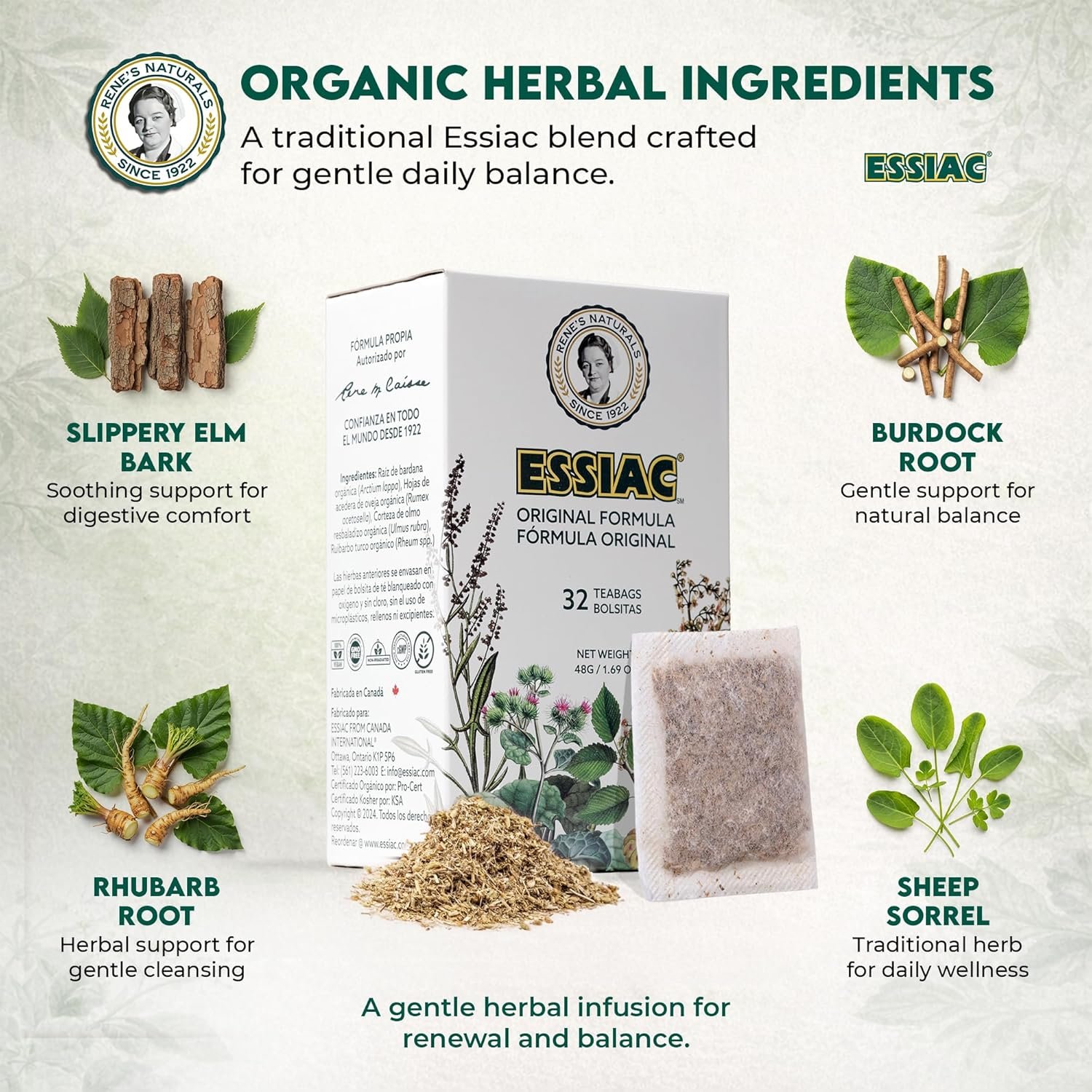 Rene’s Naturals Essiac Tea Bags – USDA Organic - Original 4-Herb Formula Since 1922 –, Non-GMO, Vegan – 32 Teabags – Gentle Daily Cleansing & Digestive Support with Organic Burdock Root, Sheep Sorrel & Slippery Elm - Image 4