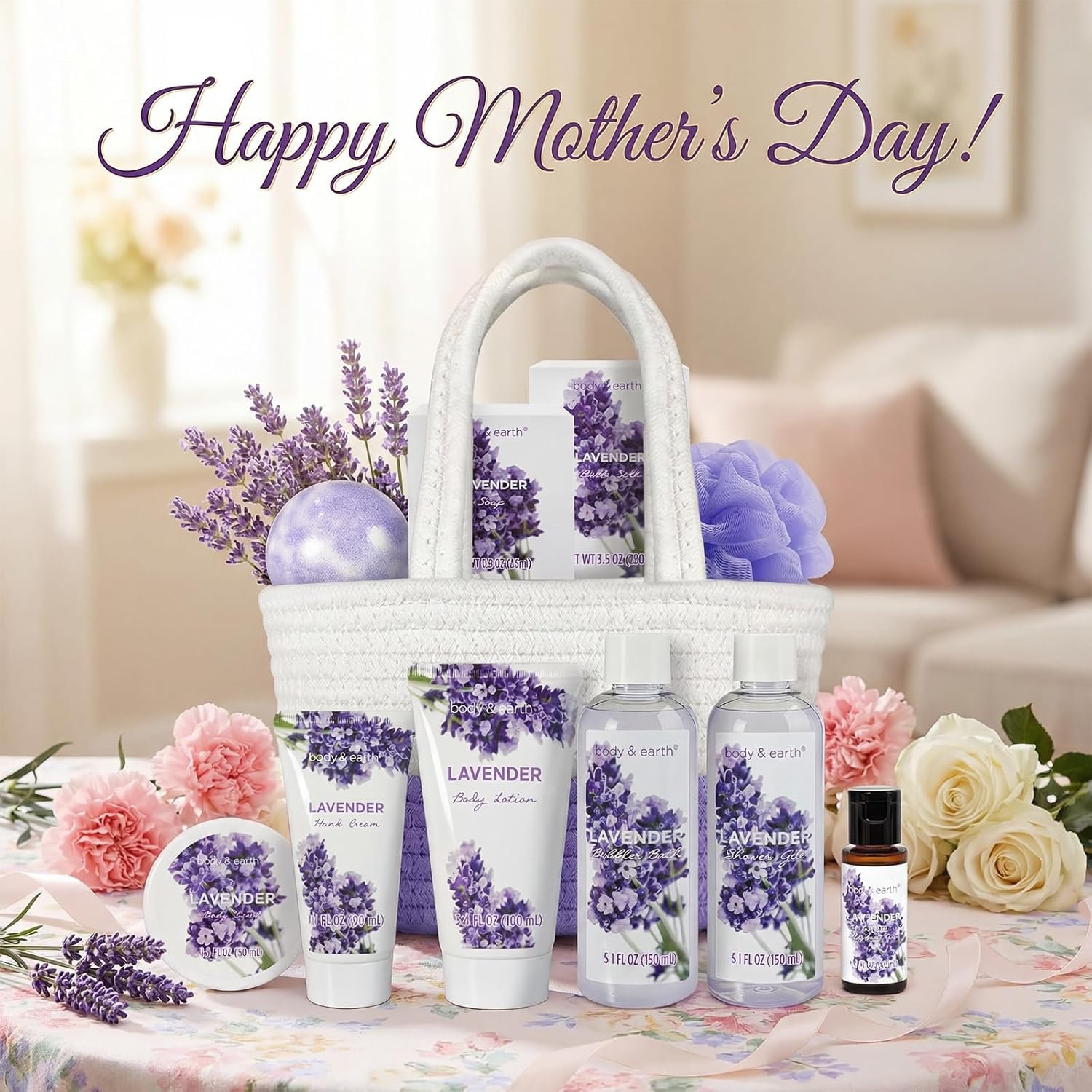 BODY & EARTH Spa Gift Baskets for Women 11pcs Lavender Gift Sets with Bubble Bath, Shower Gel, Body Lotion, Mom Birthday Gifts, Spa Kit, Purple Gift for Her, Mothers Day Gifts for Mom - Image 7