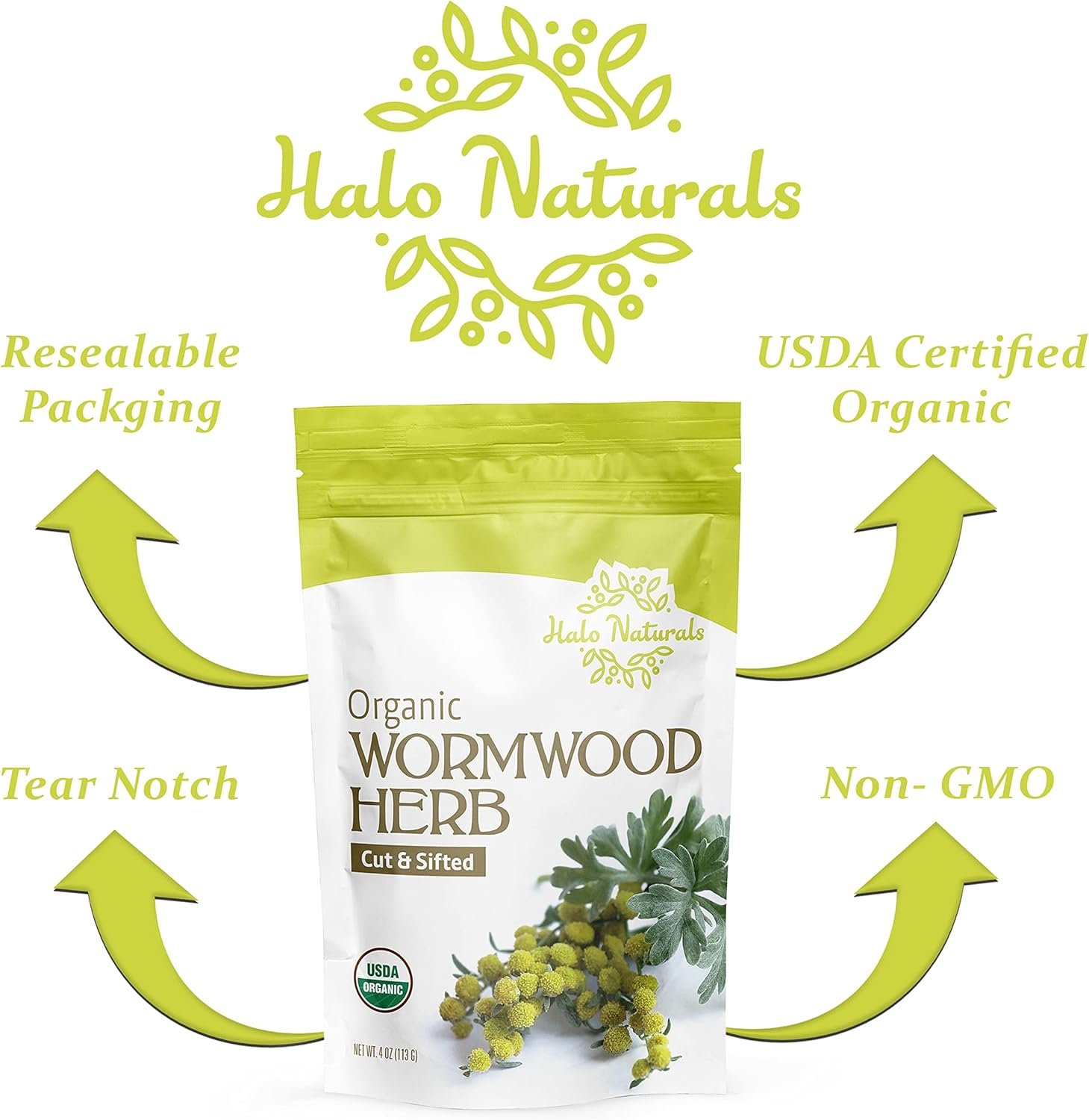 Halo Naturals Organic Wormwood Herb Cut & Sifted, 4 Ounces (Artemisia Absinthium) USDA Certified Wormwood Tea | Non-GMO | Vegan| Resealable Pouch| Packaged in The USA (Pack of 1) - Image 6