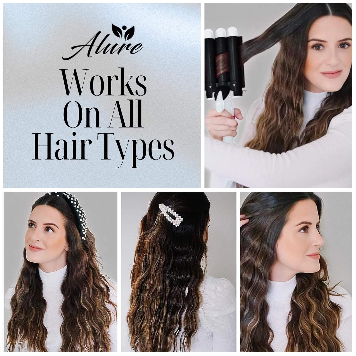 Alure Three Barrel Curling Iron Wand Hair Waver with LCD Temperature Display - 1 Inch Ceramic Tourmaline Triple Barrels, Dual Voltage Crimp (Black/White) - Image 2