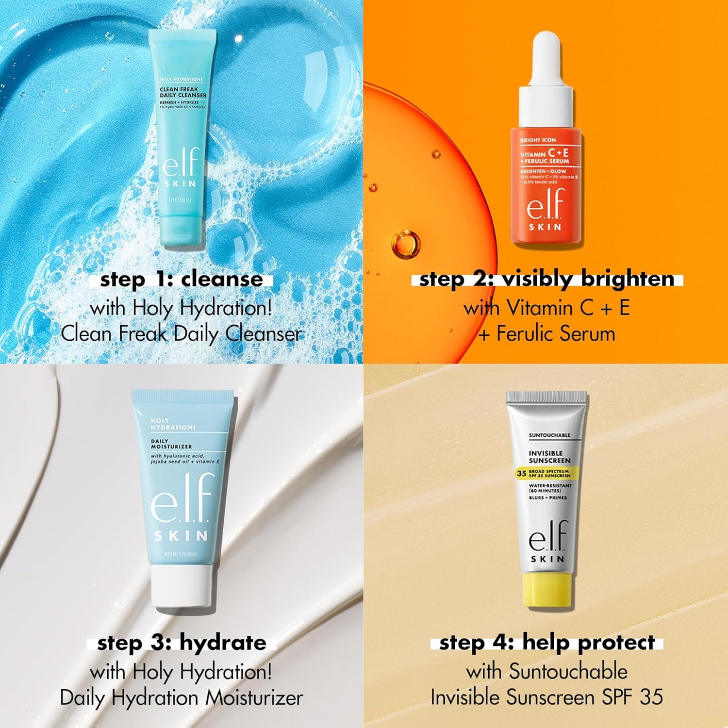e.l.f. SKIN Wake the e.l.f. Up Skincare Kit, Travel-Size Hydrating Face Cleanser, Sunscreen, Moisturizer & Brightening Serum, Vegan & Cruelty-Free - Image 4