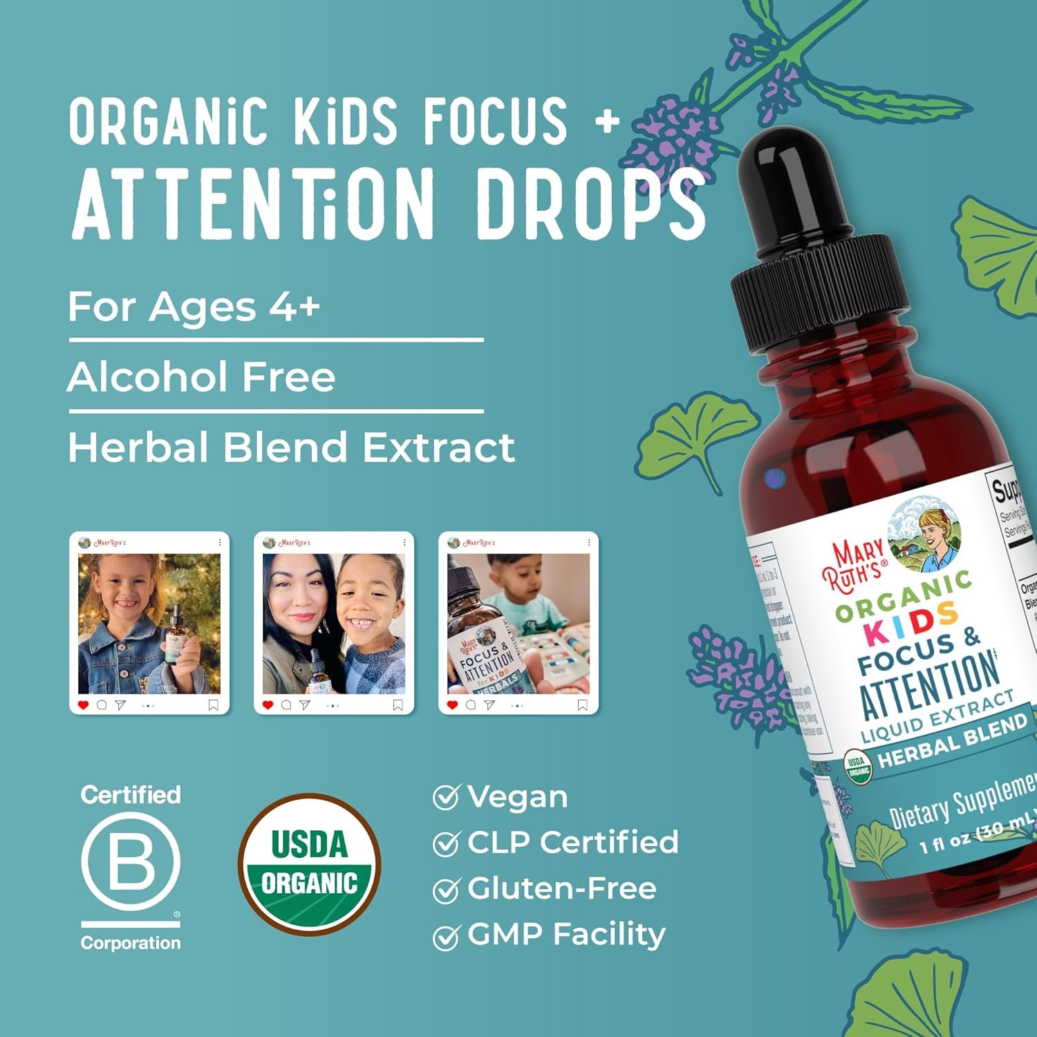MARYRUTH'S Kids Focus & Attention Drops | USDA Organic Drops | Ginkgo Biloba | Rhodiola Root & Licorice Root | Adaptogenic | Calm | Vegan | Non-GMO | Gluten Free | 30 Servings - Image 8