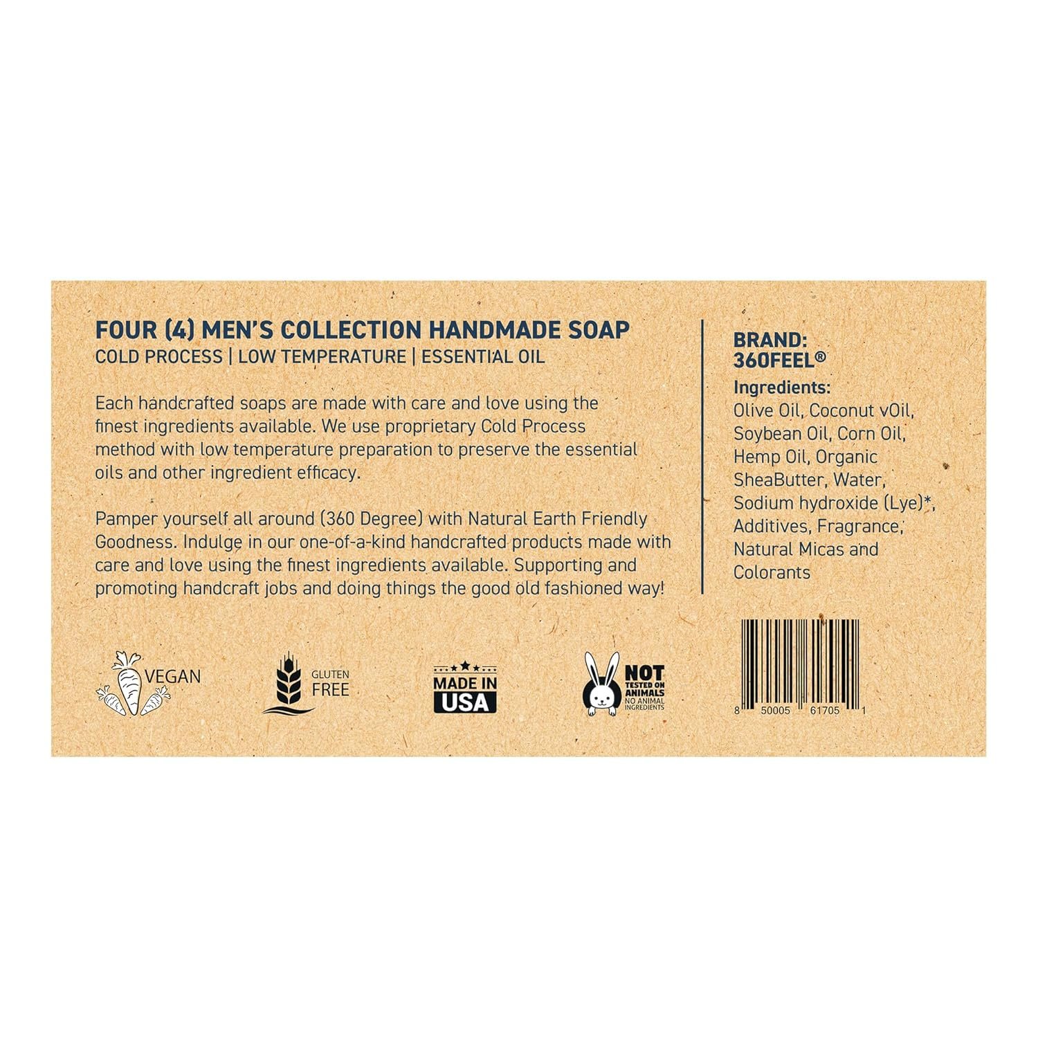 360Feel Mens Bar Soap - Made in the USA - Castile Handmade All Natural Cold Processed - Includes 4 Bold Masculine Scents: Bay Rum, Pine Tar Black Soap bar, Patchouli & Island Citrus (5oz, 4-Pack) - Image 9