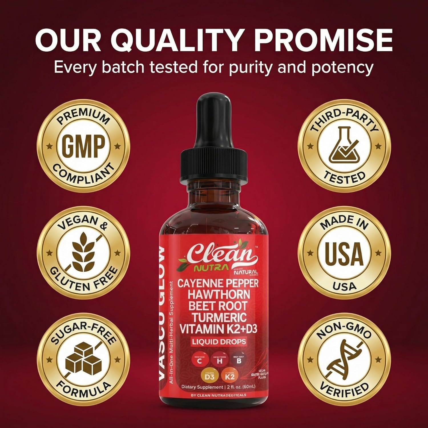 Clean Nutra Cayenne Pepper Drops Supplement Liquid + Hawthorn Berry, Vitamin D3 K2 Beet Root Powder, Ceylon Cinnamon, Turmeric Curcumin, Organic Panax Ginseng, Berberine Extract 1 Pack - Image 8