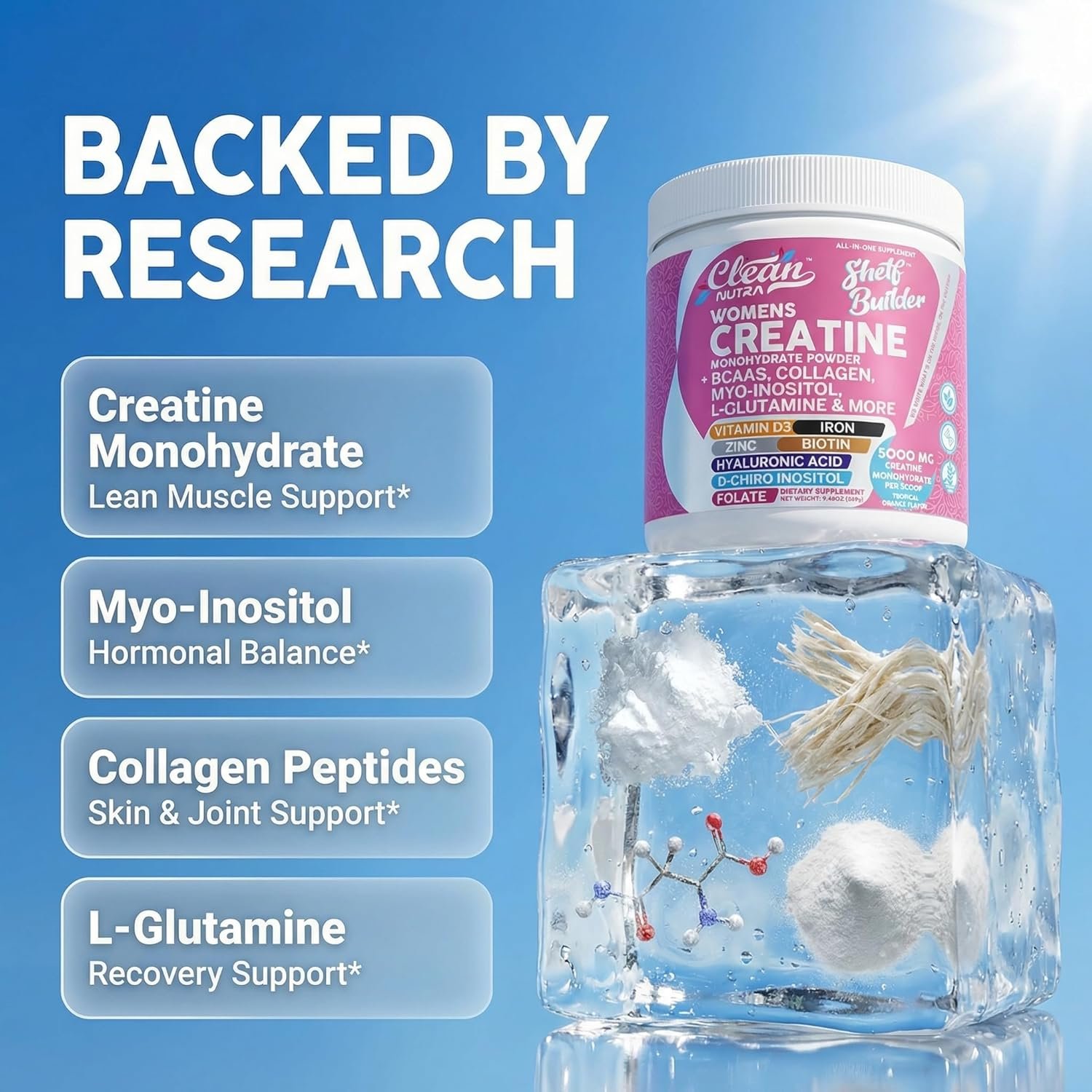 Creatine for Women | Creatine Monohydrate + BCAA Powder Myo-Inositol Collagen Biotin Hyaluronic Acid Folate L Glutamine Vitamin D3 Iron Zinc D-Chiro-Maca Digestion Shelf Builder By Clean Nutra - Image 3