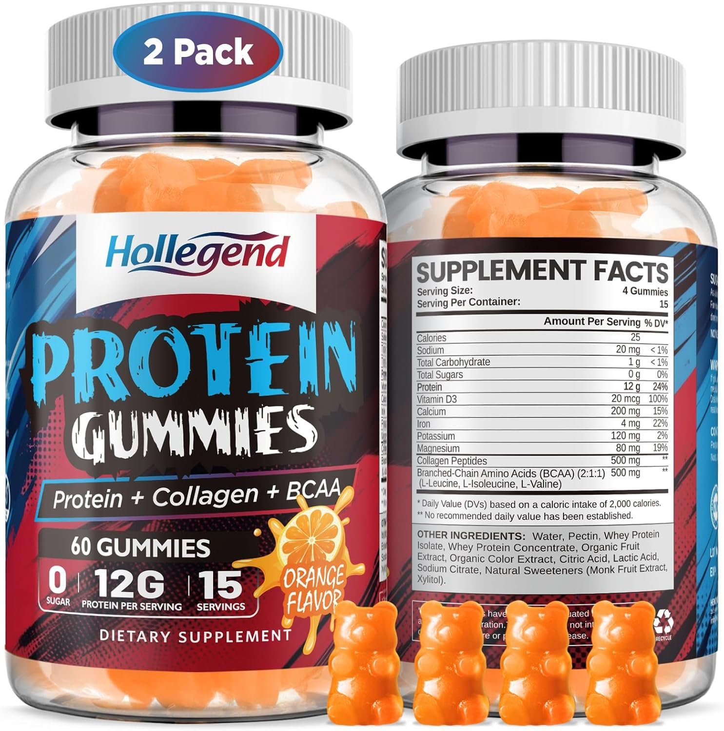 Whey Protein Gummies for Women Men, 12g High Protein Supplements with Collagen & BCAA for Muscle & Energy Recovery, Sugar-Free & Low Calorie Snacks, Orange, 120 Chews