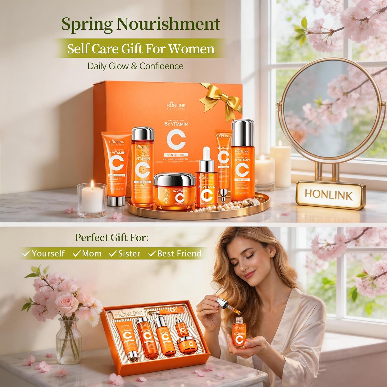 Glown 6-Piece Hydrating Skincare Set with Vitamin C & Niacinamide | Face & Body Care Kit with Cleanser, Toner, Serum, Moisturizer, Eye Cream & Body Lotion | Self-Care Gift Set for Women - Image 8