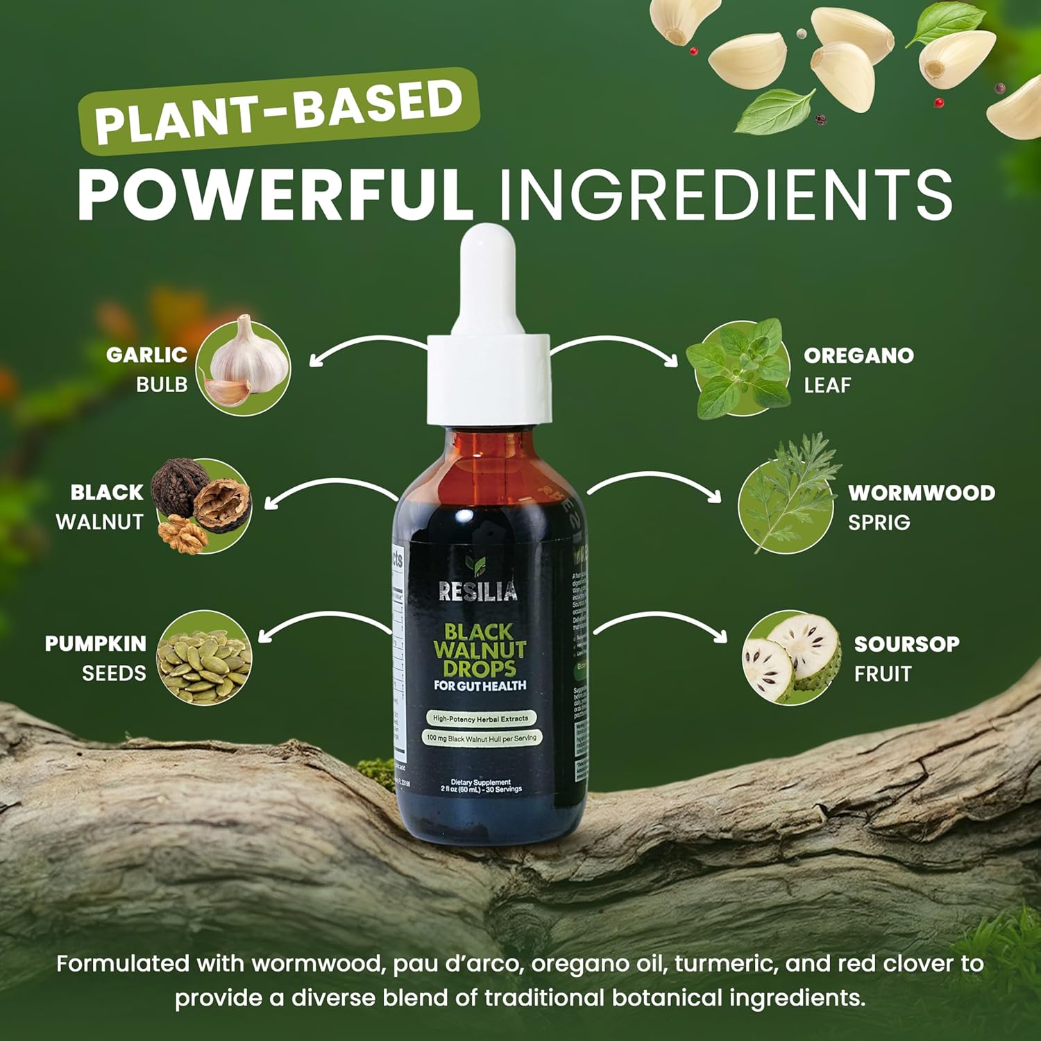 Resilia Herbal Cleanse Liquid Drops – Black Walnut & Wormwood Extract with Pumpkin Seed, Garlic & Turmeric – Alcohol-Free Vegan Tincture for Digestive & Daily Wellness Support, 2 fl oz - Image 3